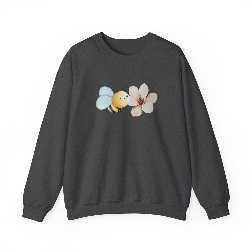Dark gray sweatshirt with bee and flower pattern on a white background