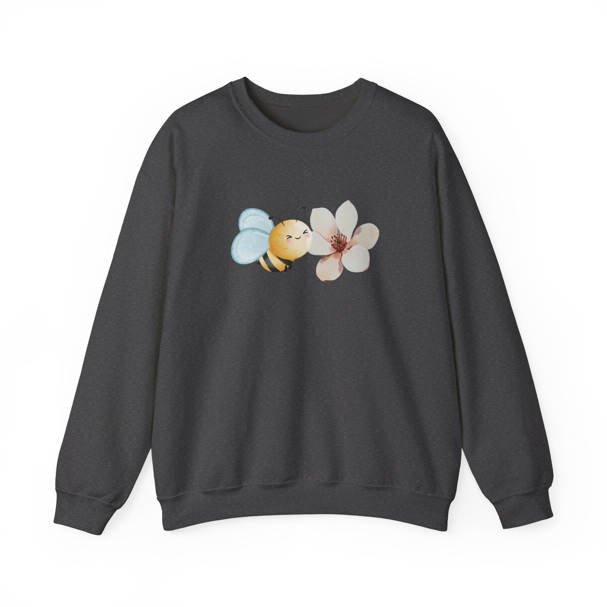 Dark gray sweatshirt with bee and flower pattern on a white background