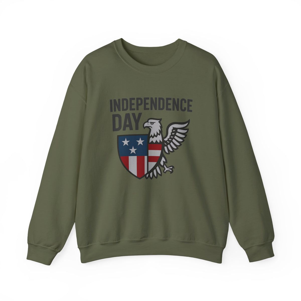 Green sweatshirt with 'Independence Day' and eagle design on a white background