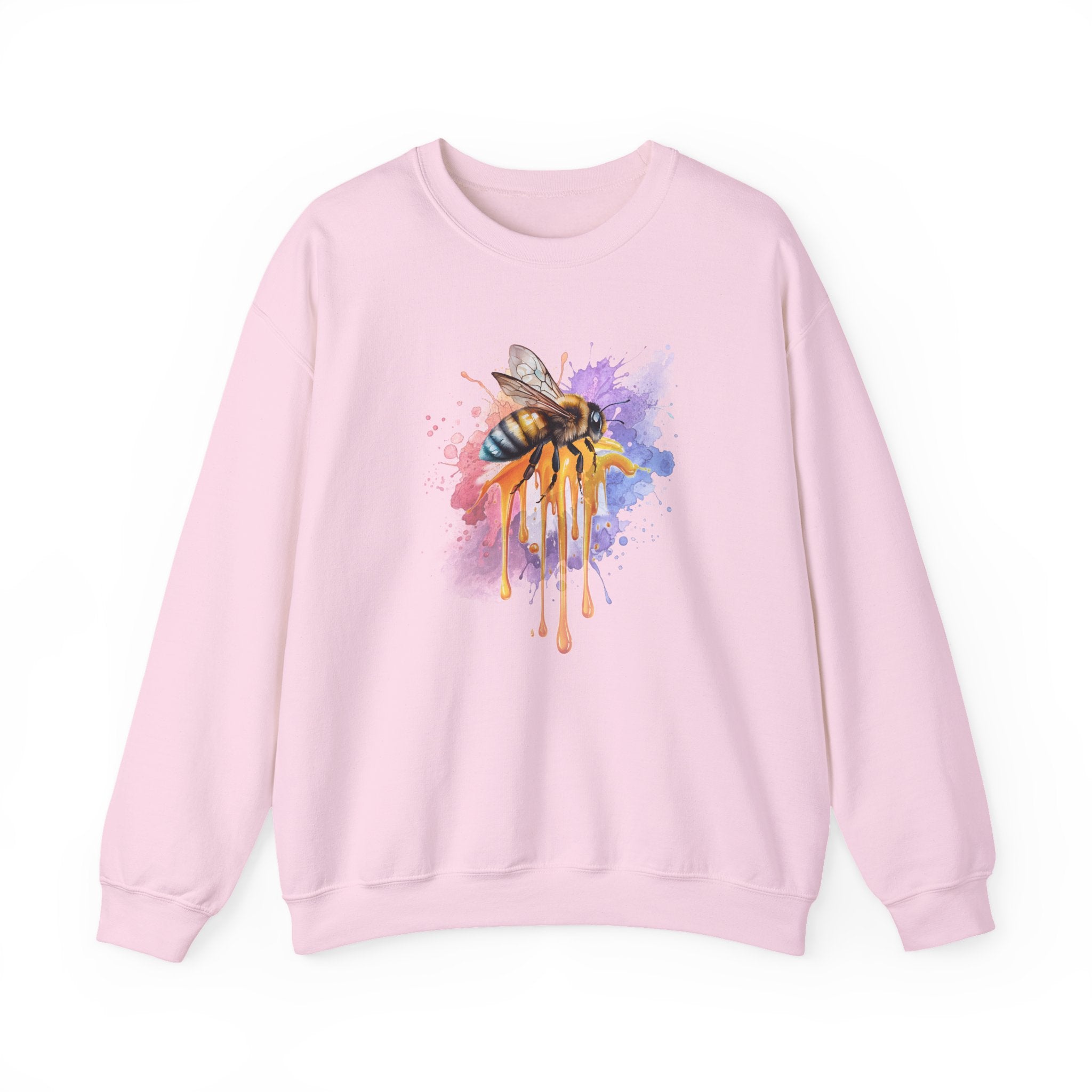 Pink sweatshirt with a colorful bee and honey design on a white background