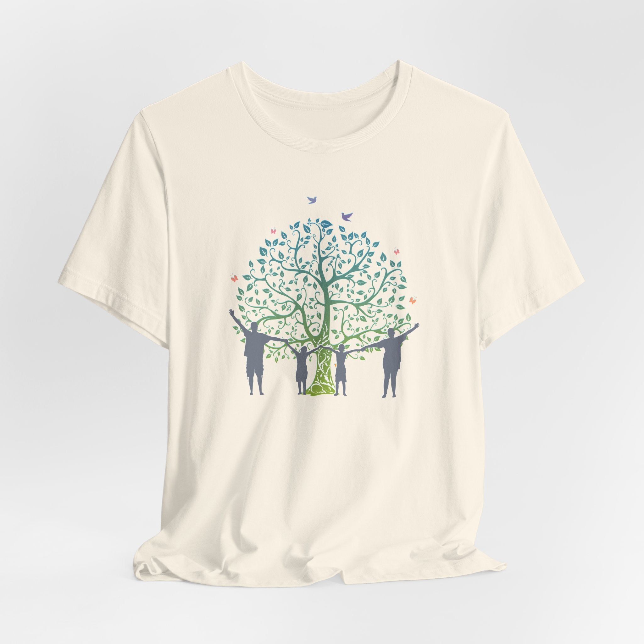 White t-shirt with a graphic of people around a tree on a light gray background