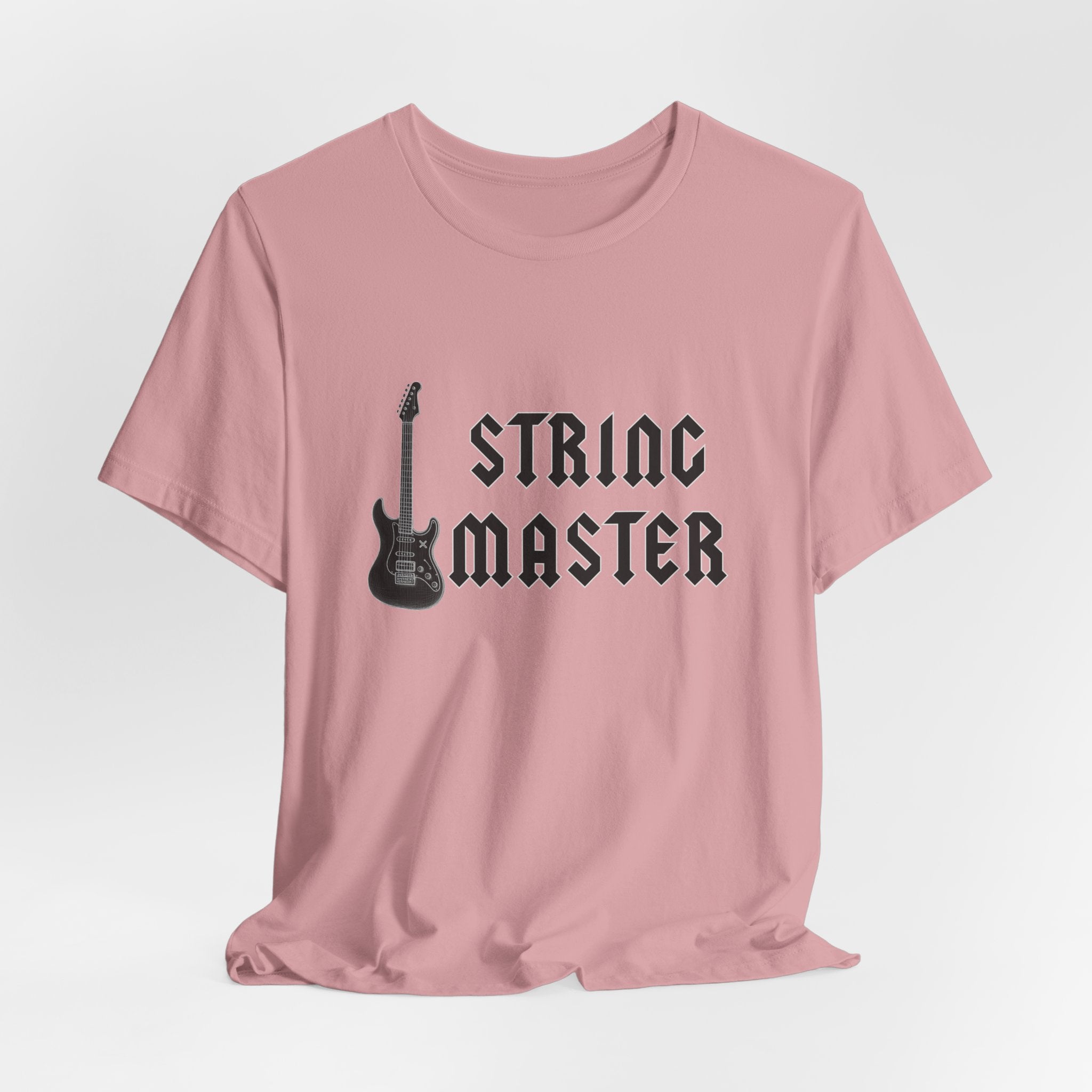 Pink t-shirt with 'String Master' and guitar graphic on a white background