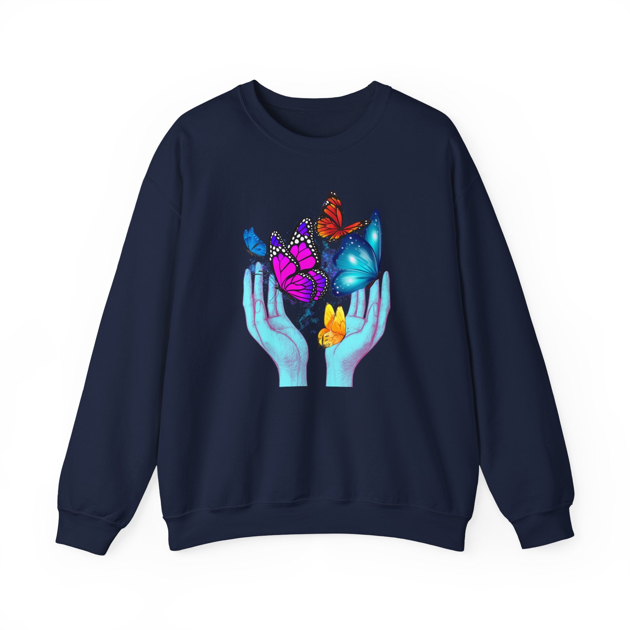 Navy blue sweatshirt with colorful butterfly design on a white background