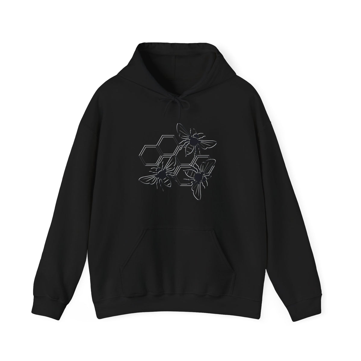 Black hoodie with a bee design on a white background