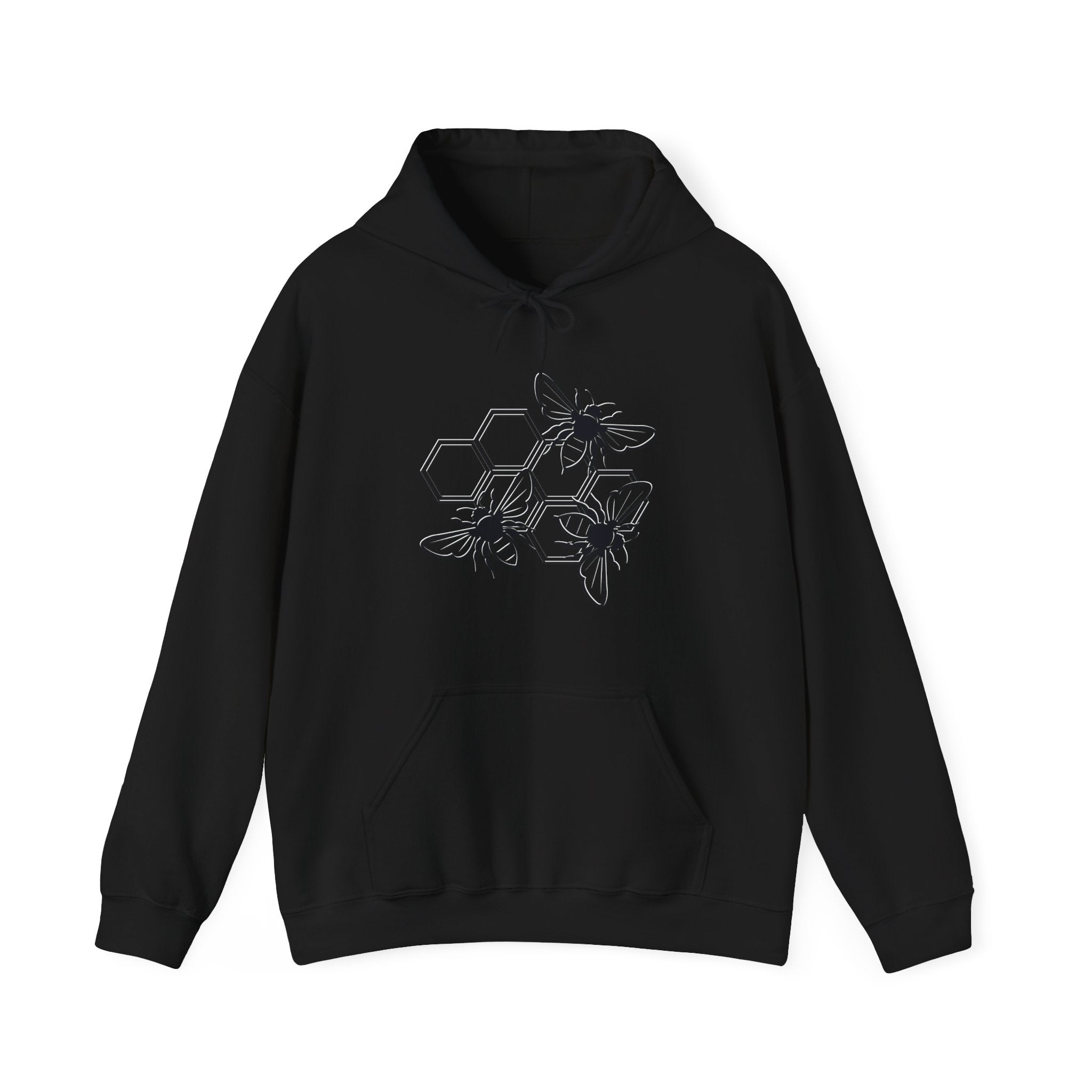 Black hoodie with a bee design on a white background