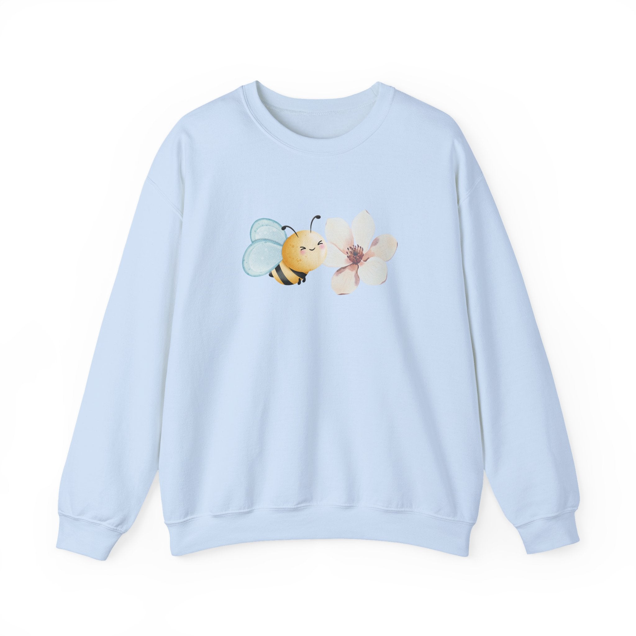 Light blue sweatshirt with a bee and flower design on a white background