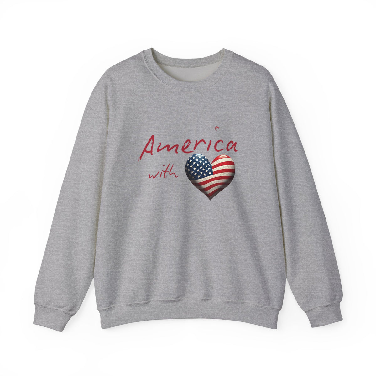 Gray sweatshirt with 'America with a heart' design featuring an American flag on a white background