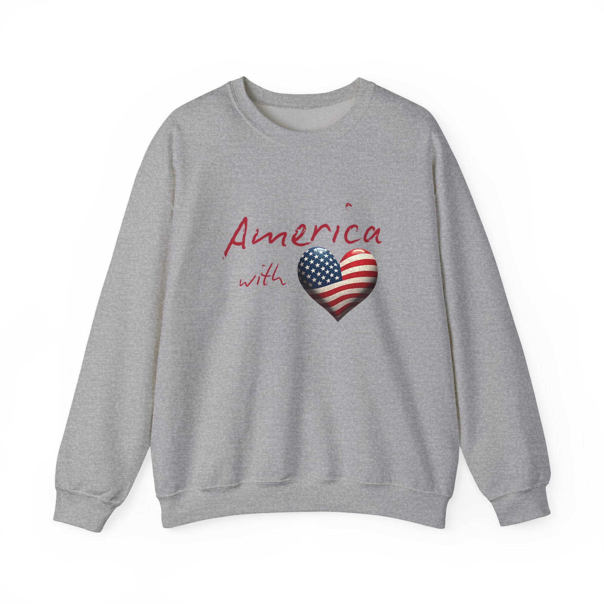 Gray sweatshirt with 'America with a heart' design featuring an American flag on a white background