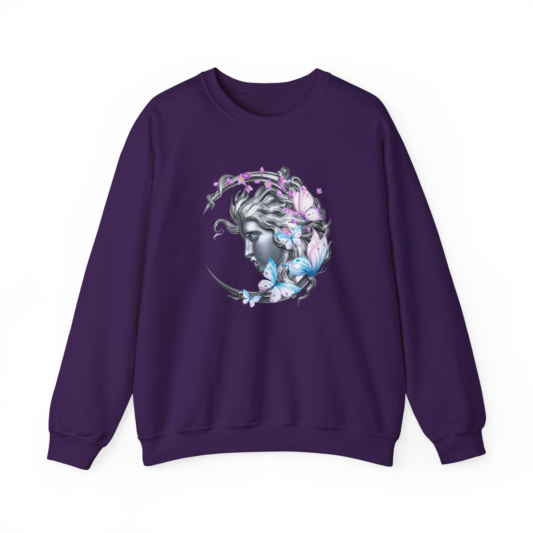 Purple sweatshirt with a graphic design of a woman's face surrounded by butterflies on a white background