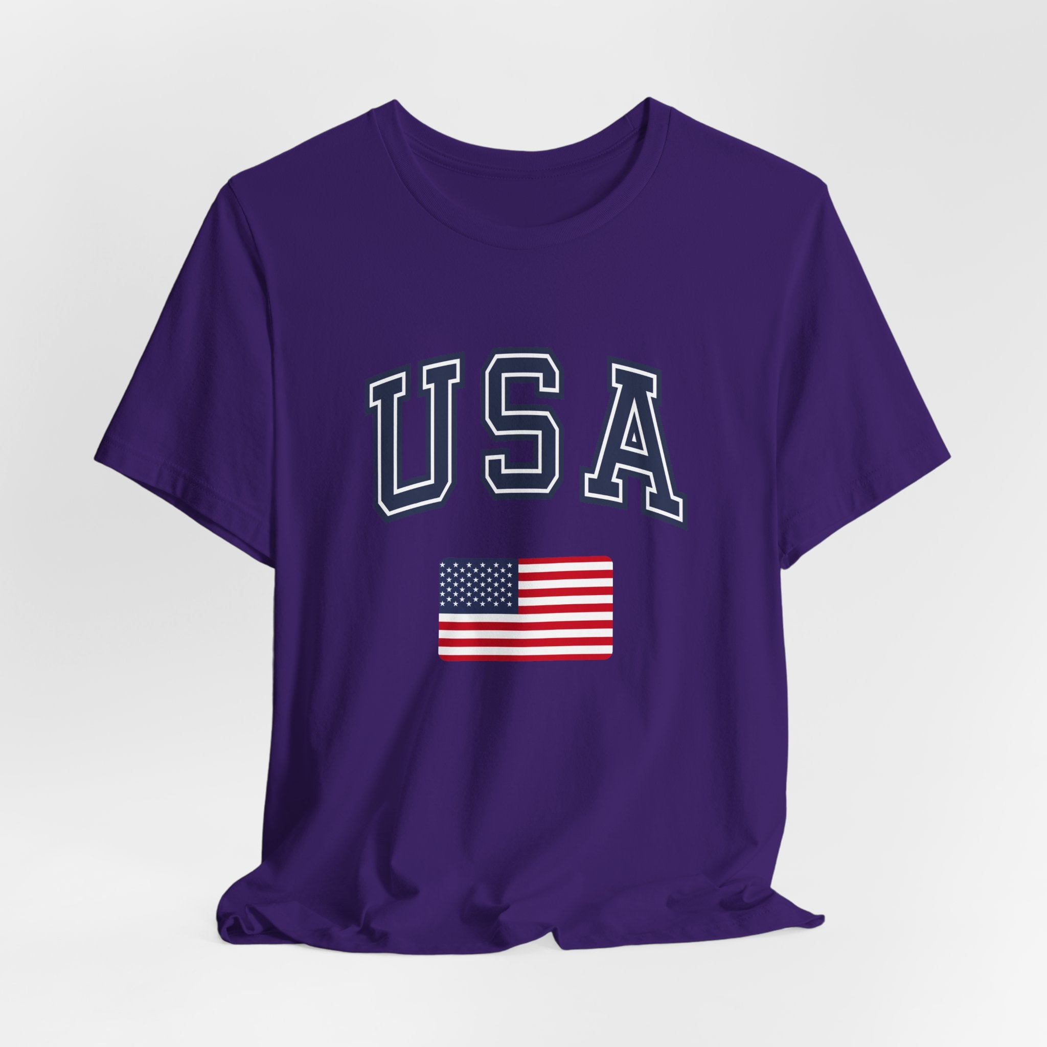 Purple t-shirt with 'USA' text and American flag on a white background