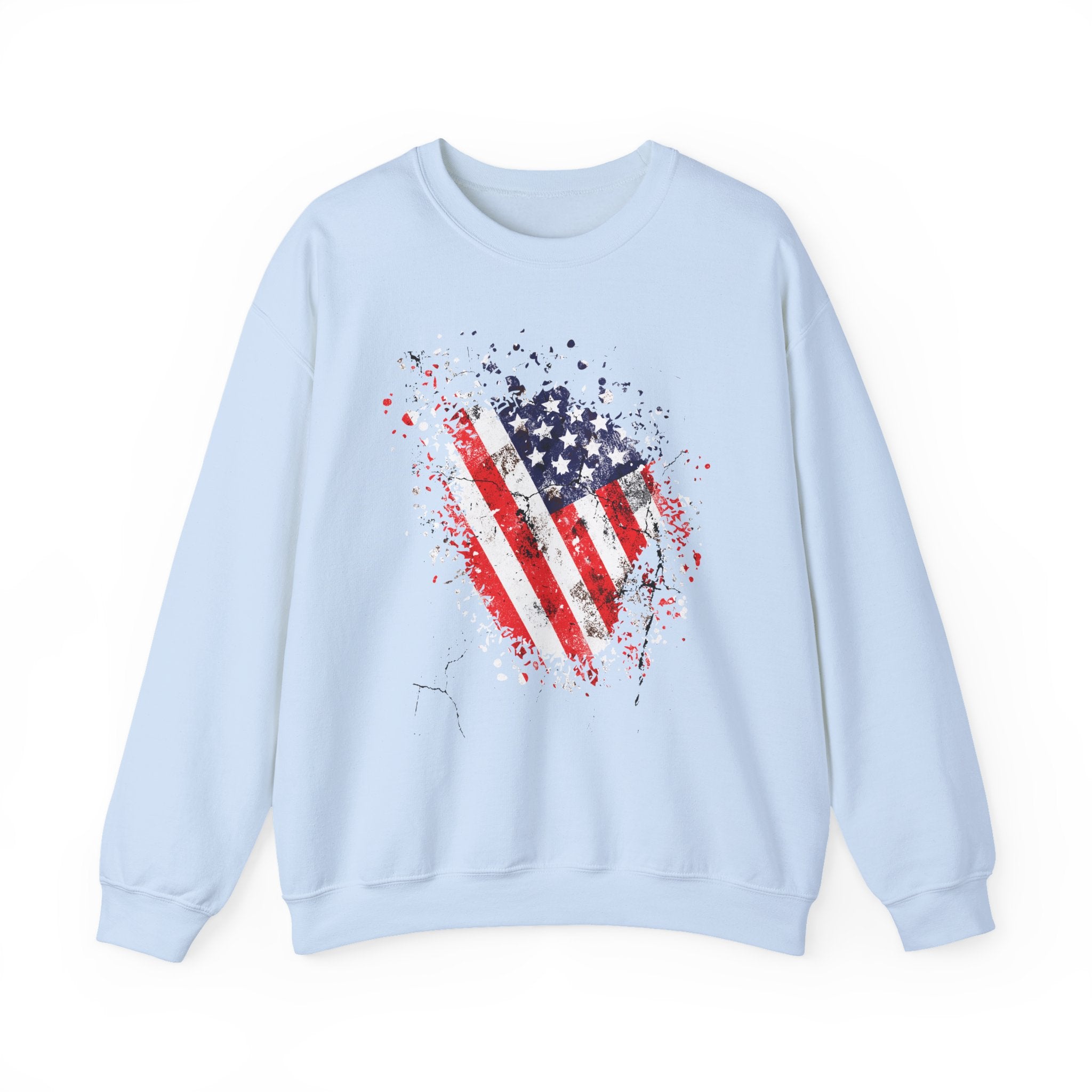 Light blue sweatshirt with American flag design on a white background
