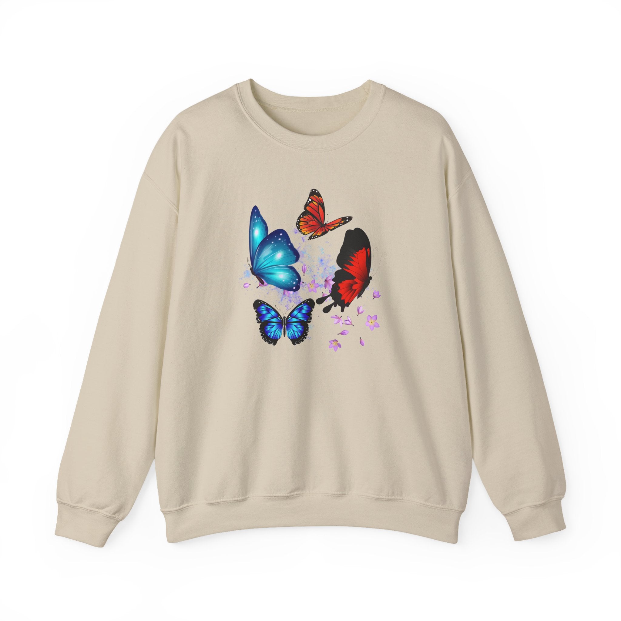 Beige sweatshirt with colorful butterfly design on a white background