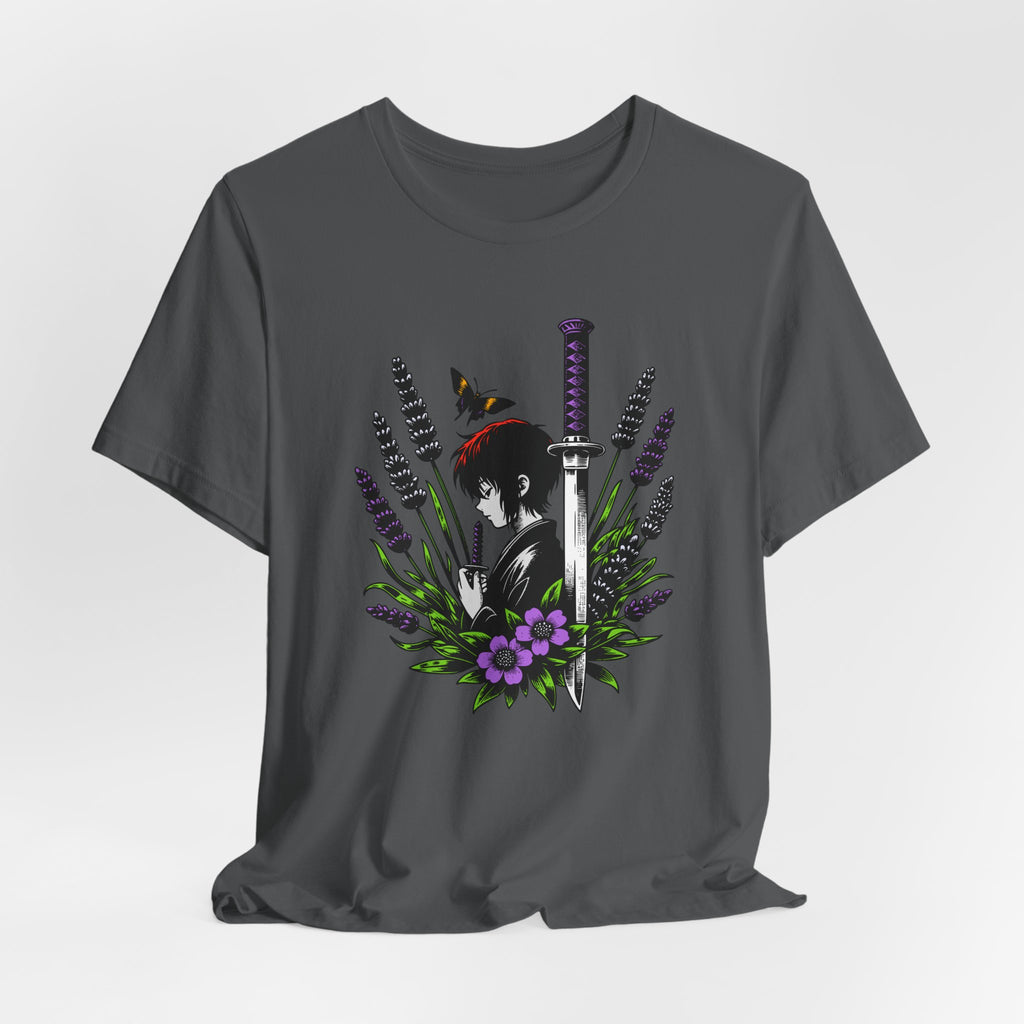 Gray t-shirt with a black and white graphic design featuring a sword and flowers on a light gray background