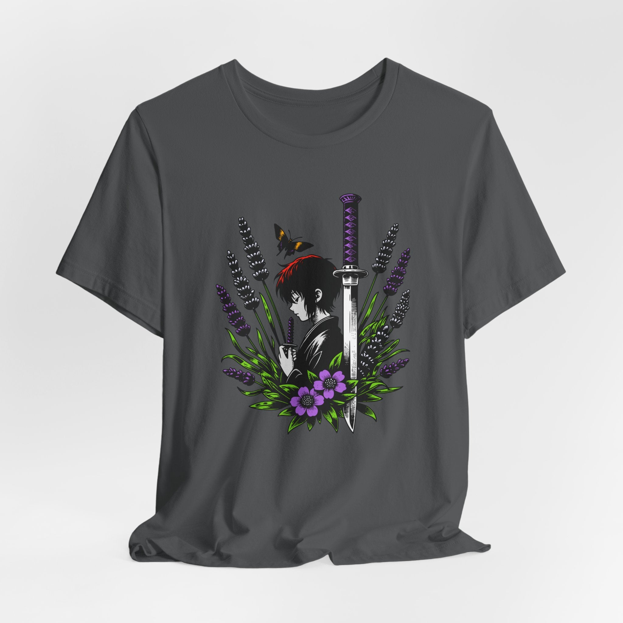 Gray t-shirt with a black and white graphic design featuring a sword and flowers on a light gray background