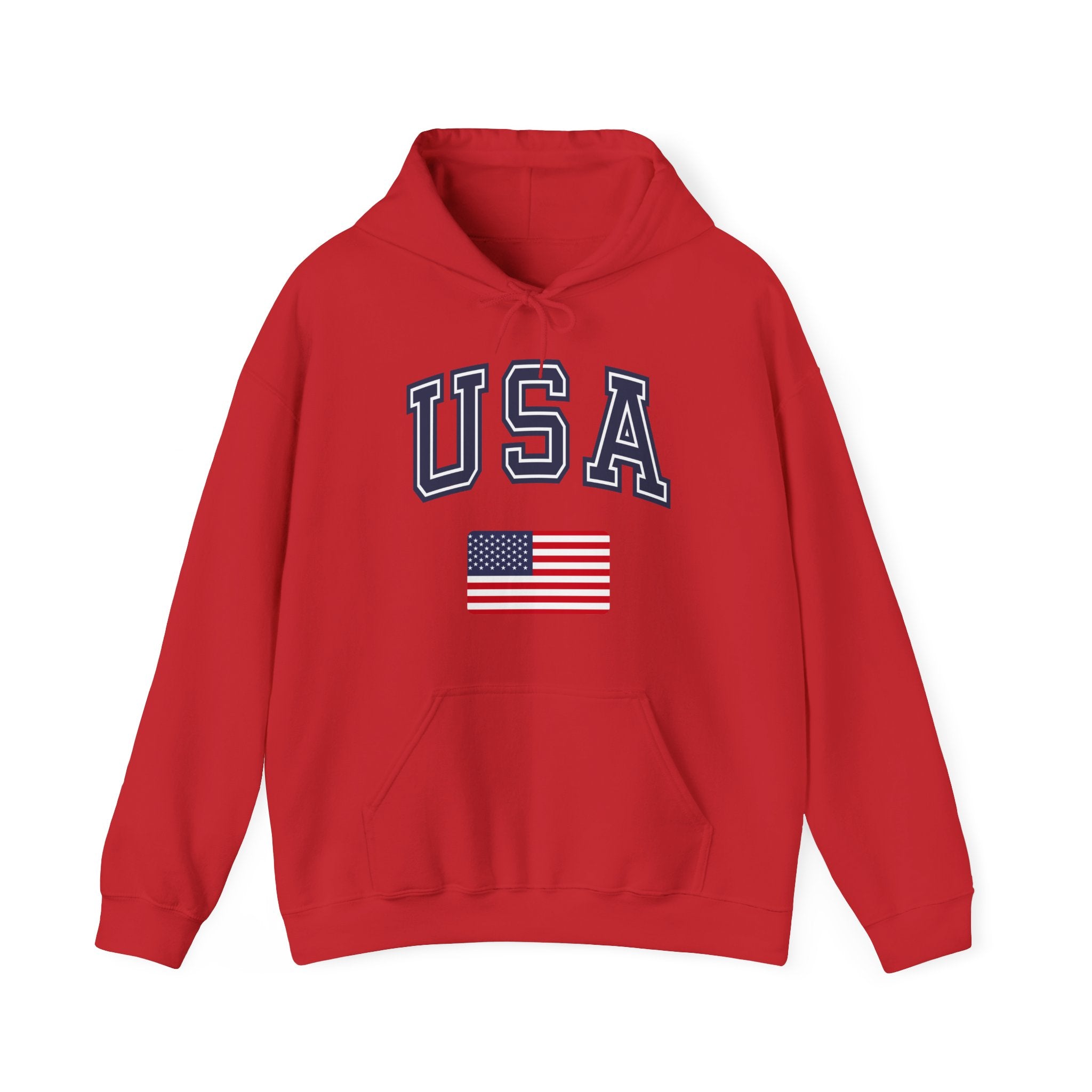 Red hoodie with 'USA' text and American flag on a white background