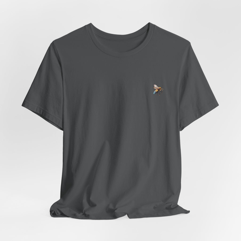 Gray t-shirt with a bee design on a light gray background