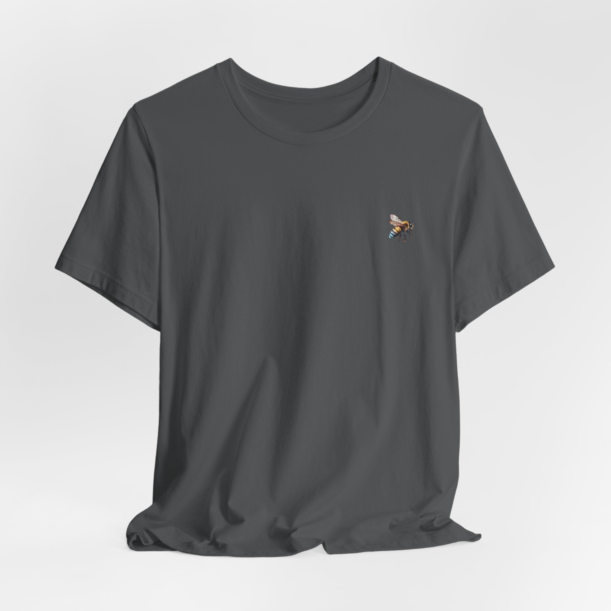 Gray t-shirt with a bee design on a light gray background