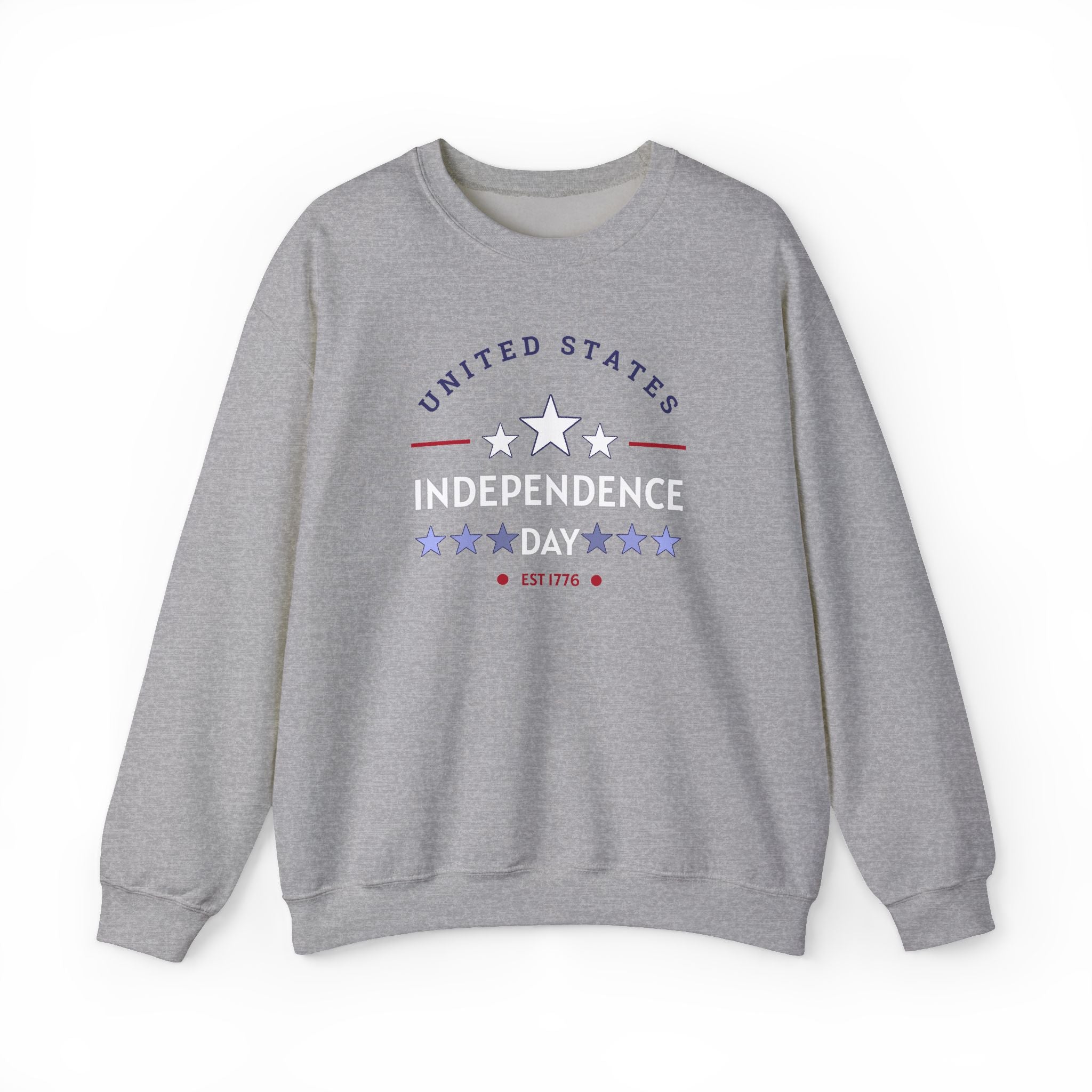 Gray sweatshirt with 'United States Independence Day' text on a white background