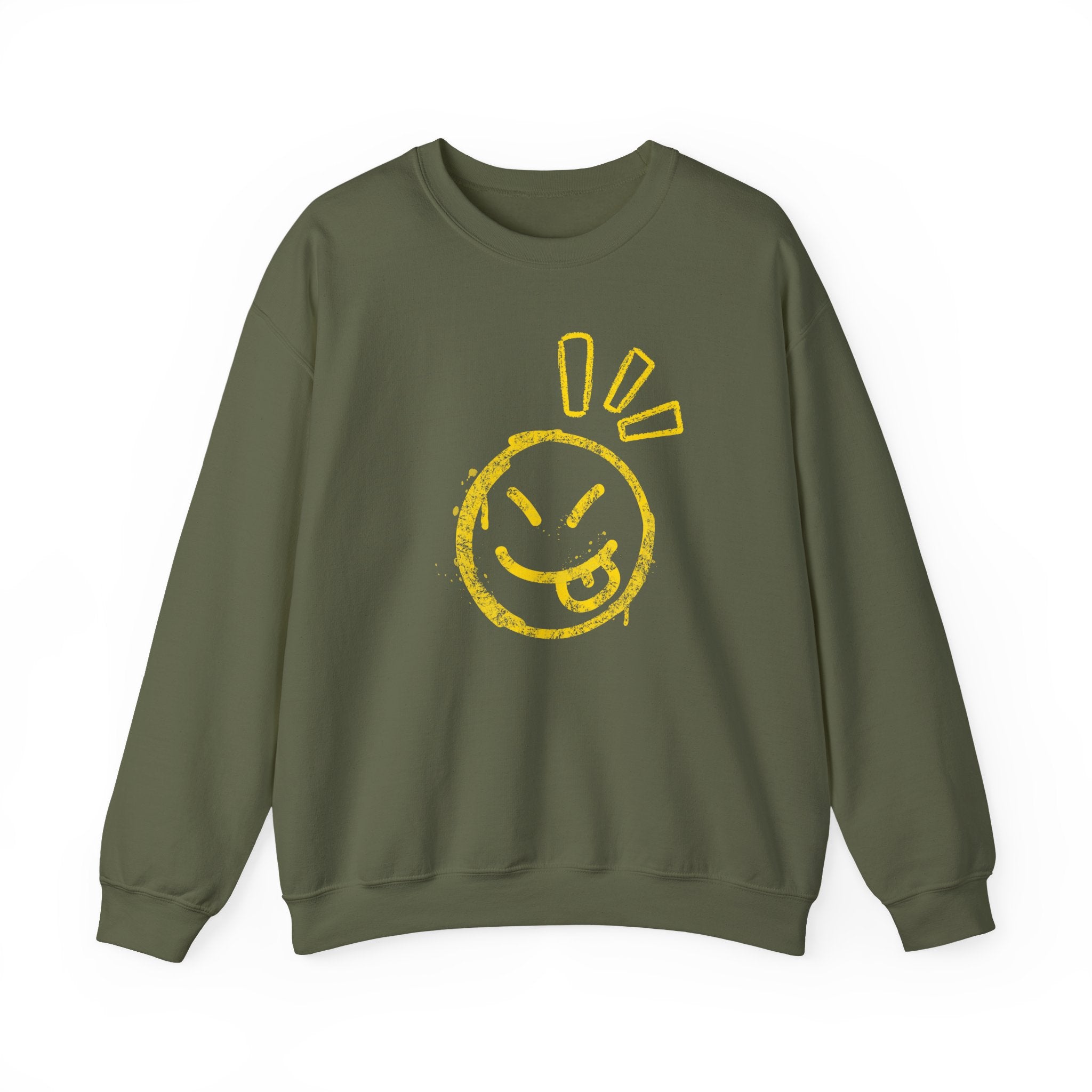 Green sweatshirt with a yellow smiley face design on a white background