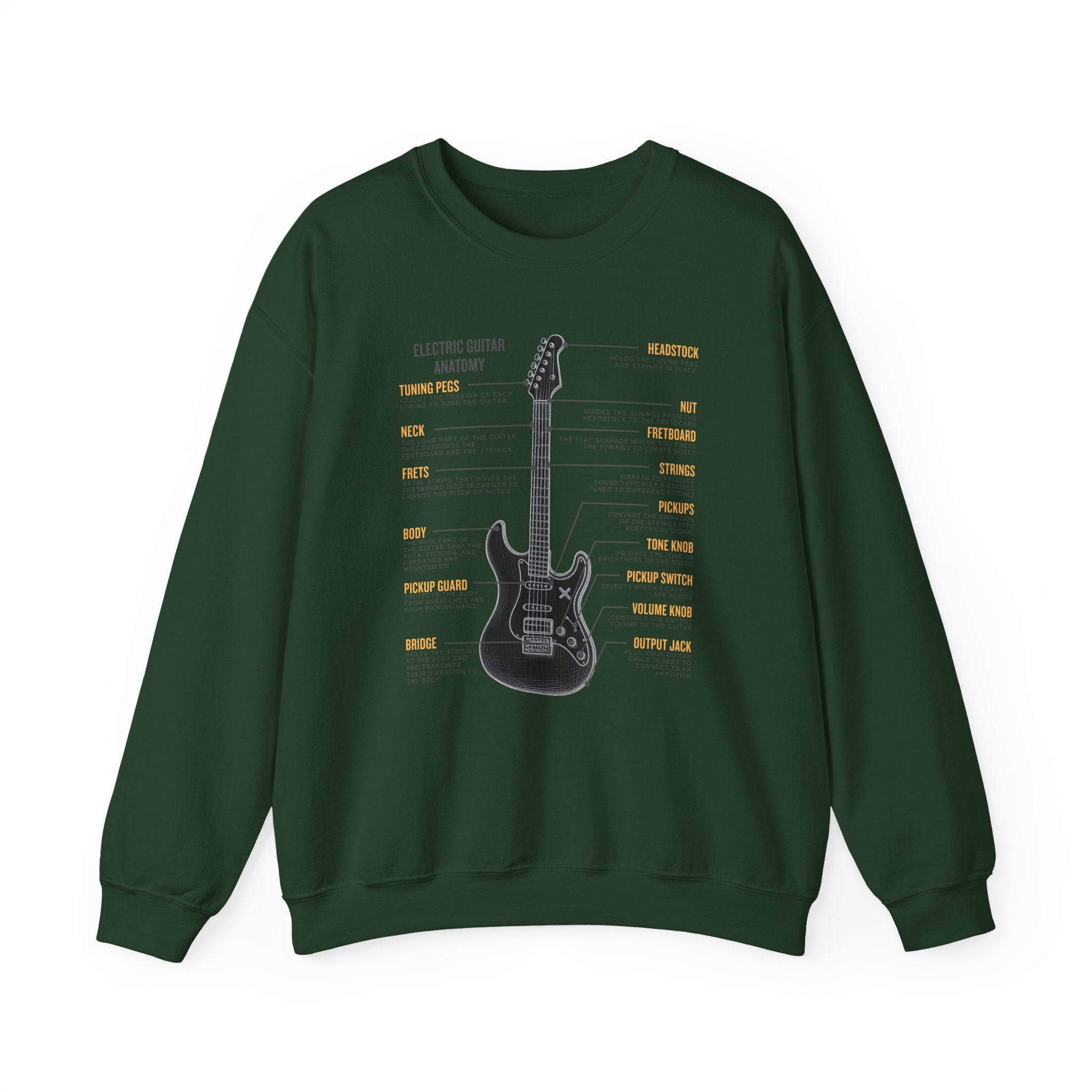 Green sweatshirt with a electric guitar anatomy diagram design on a white background