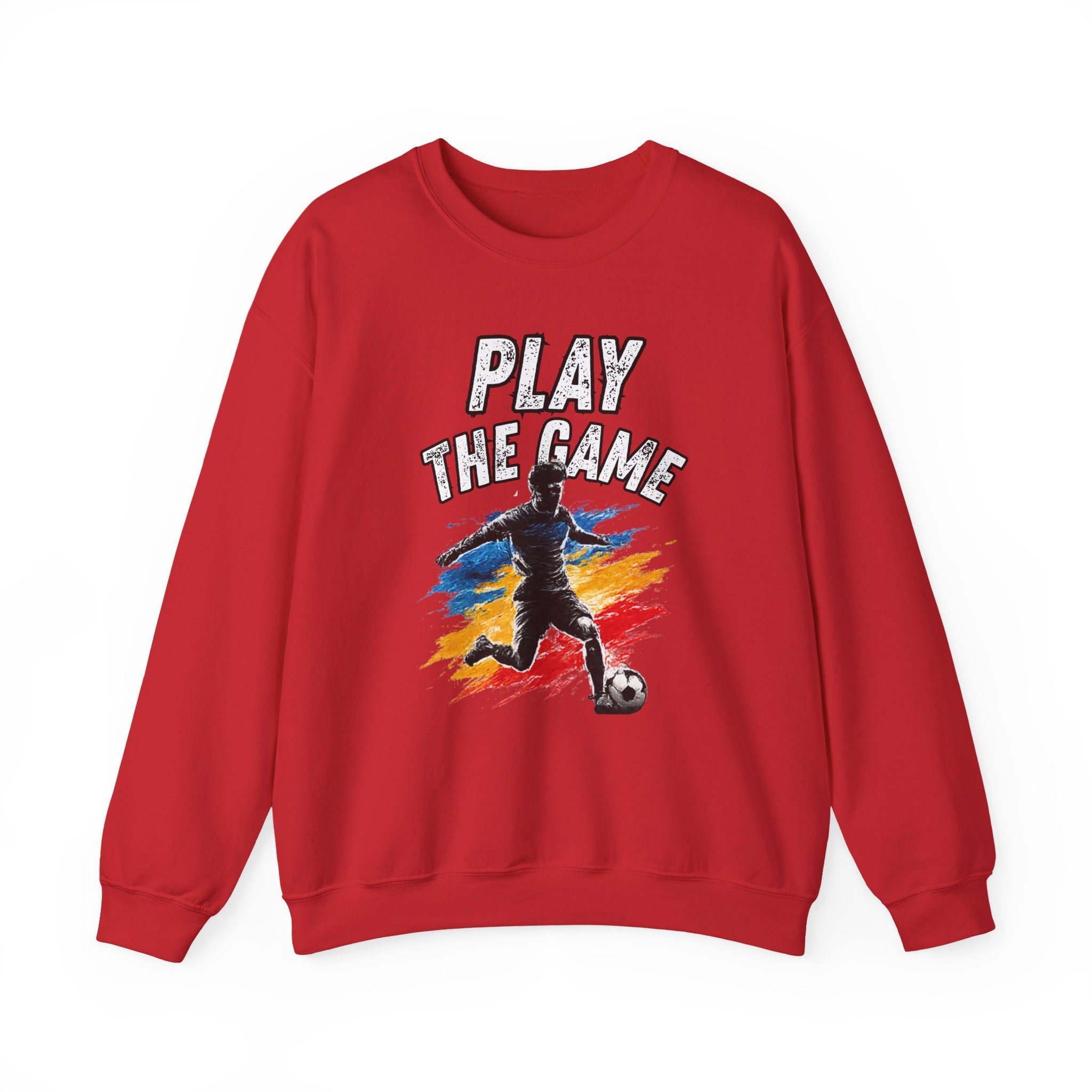 A red crewneck sweatshirt featuring a graphic print of a soccer player kicking a ball with the text 'PLAY THE GAME' in white, set against a plain white background.