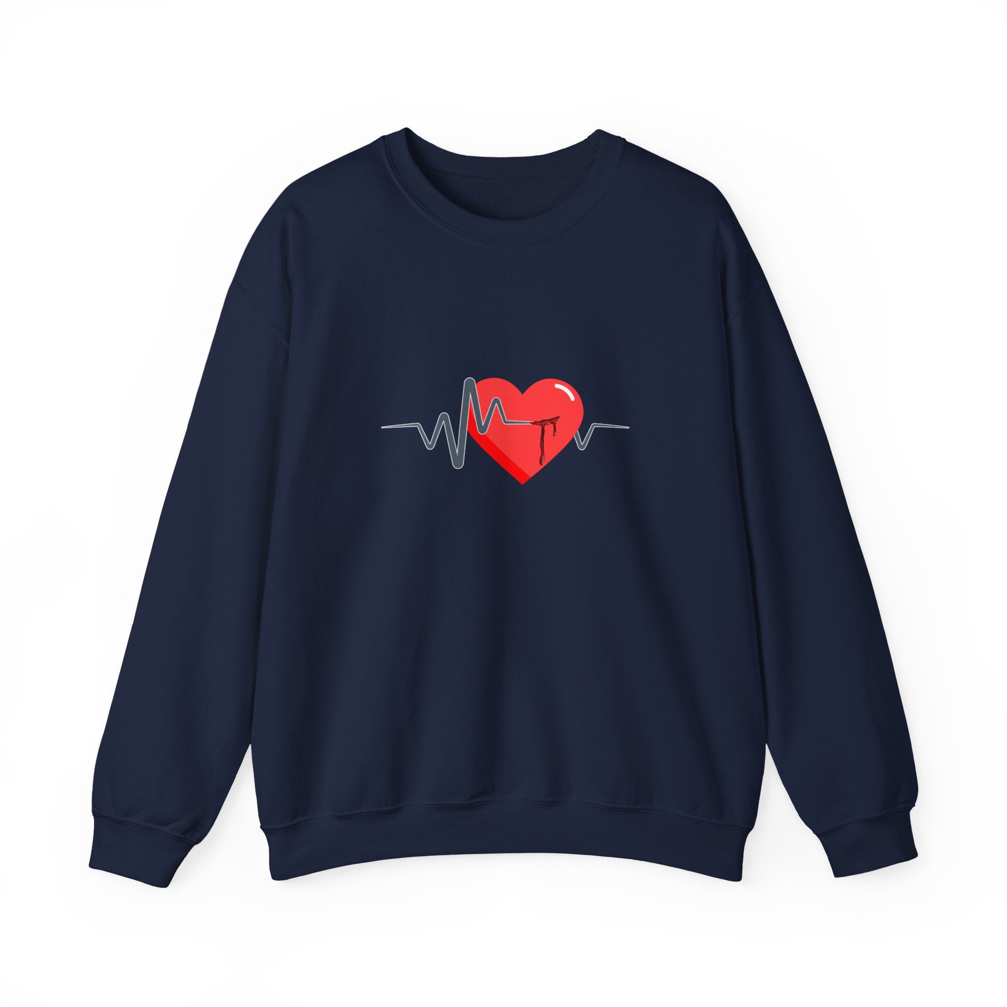 Navy blue sweatshirt with a red heart and heartbeat line design on a white background