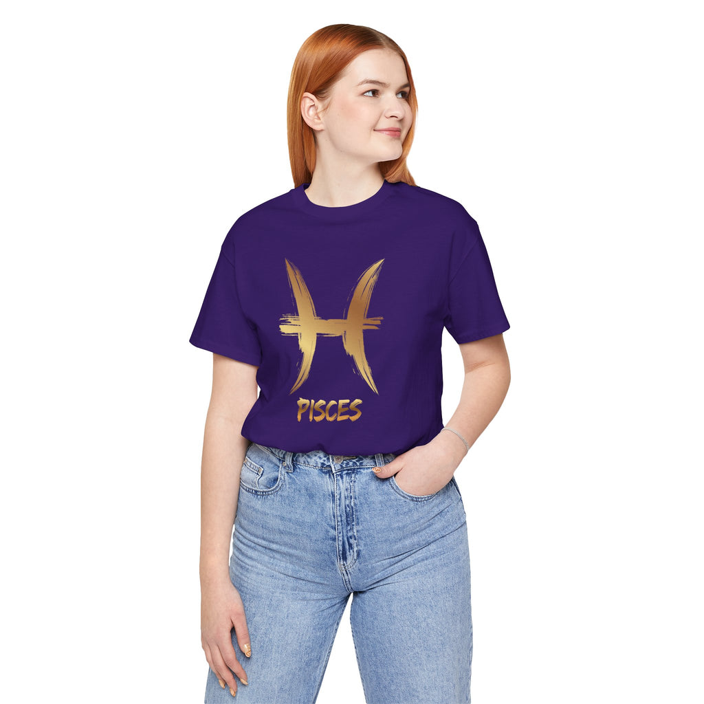 Person wearing a purple 'Pisces' t-shirt with a gold zodiac symbol on a white background