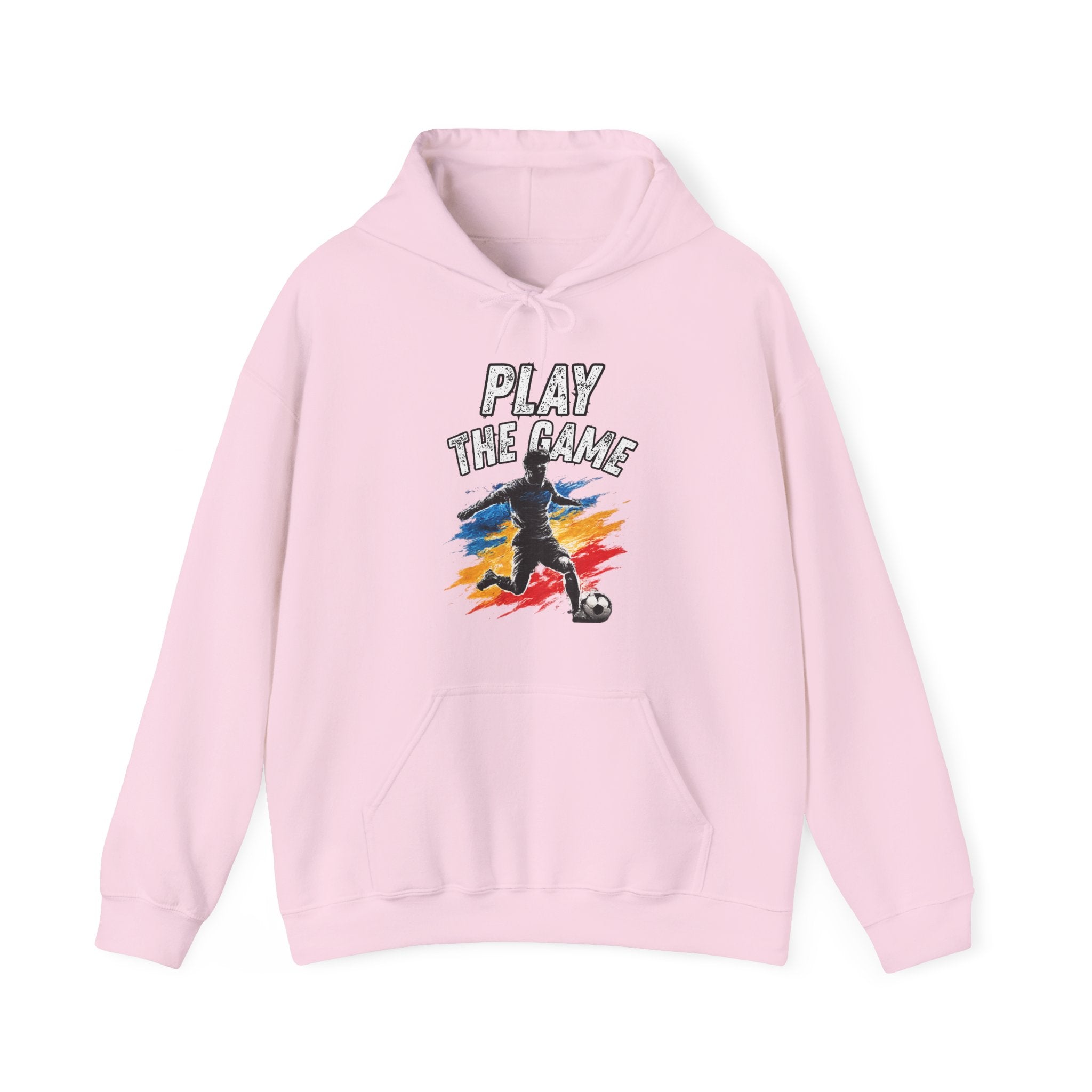 A light pink hoodie featuring a graphic print on the front with the text 'PLAY THE GAME' above a stylized soccer player silhouette over a red, yellow, and blue paint-splatter background.