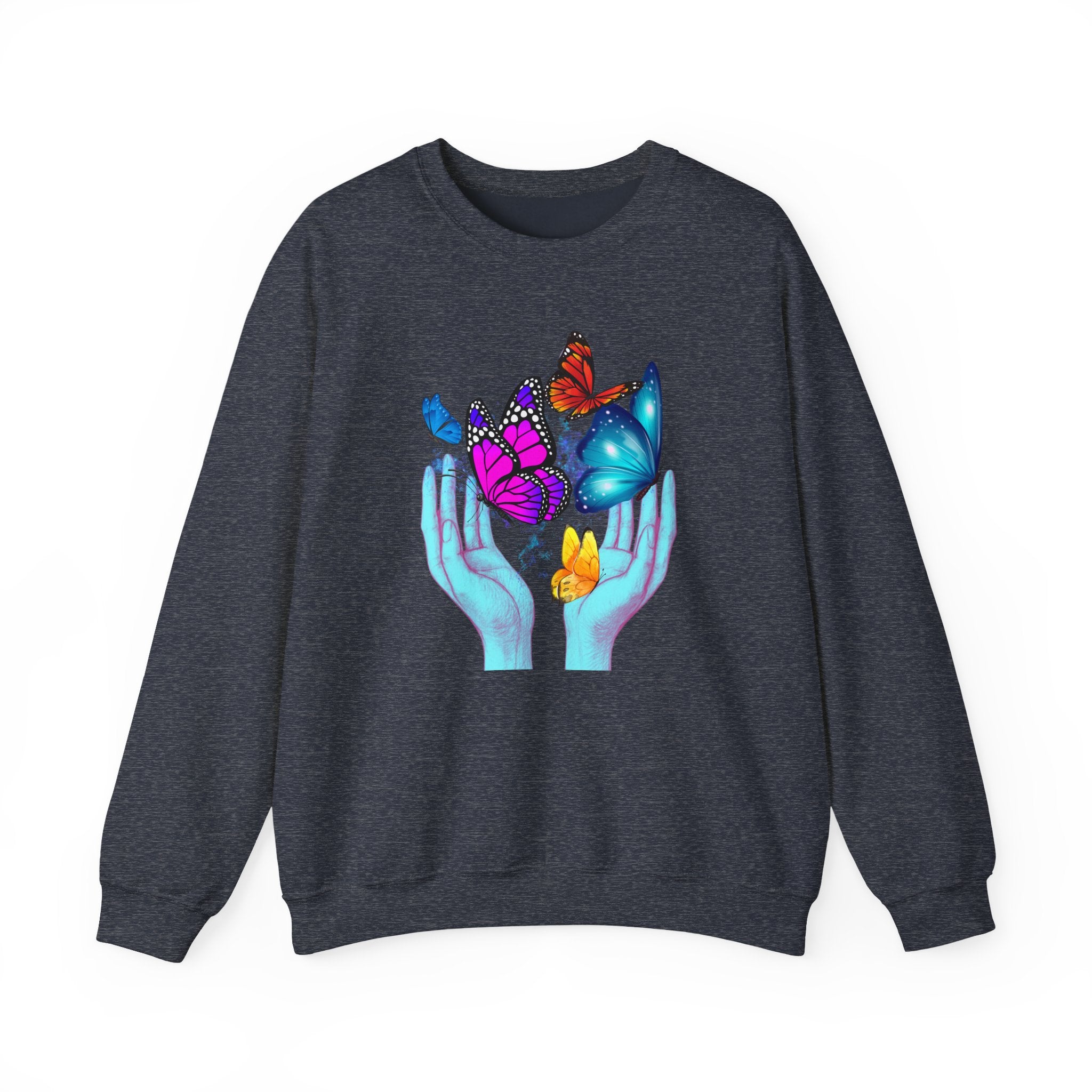 Dark navy sweatshirt with colorful butterfly design on a white background