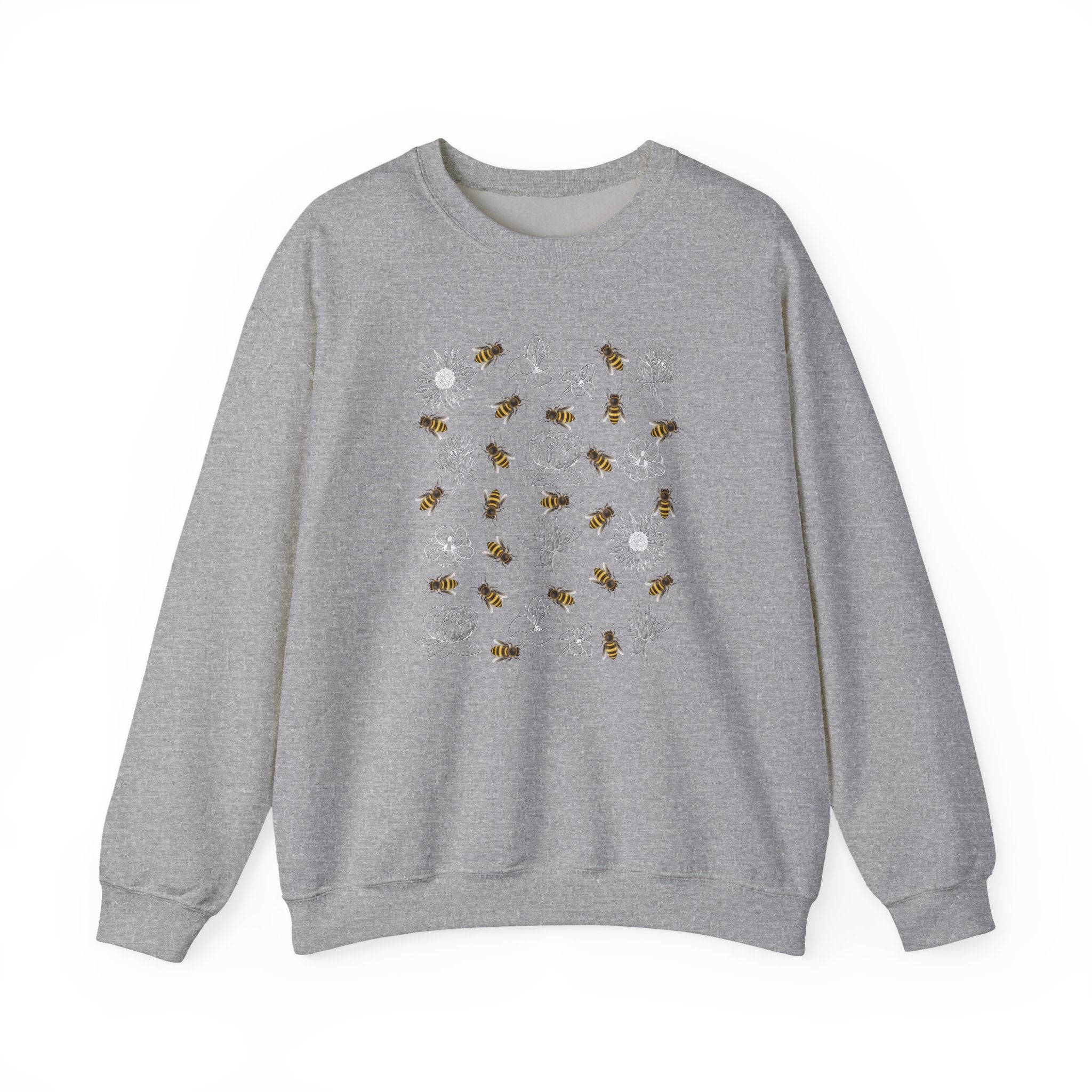 Gray sweatshirt with bee patterns on a white background