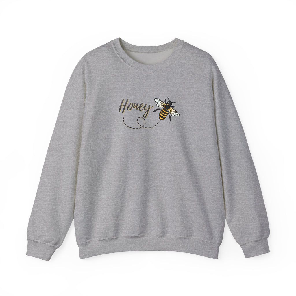 Gray sweatshirt with 'Honey' text and bee graphic on a white background