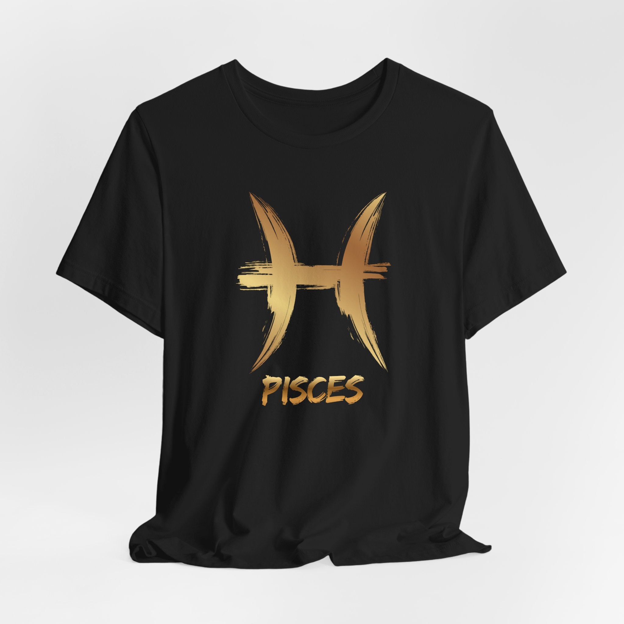 Black t-shirt with gold Pisces zodiac symbol on a white background