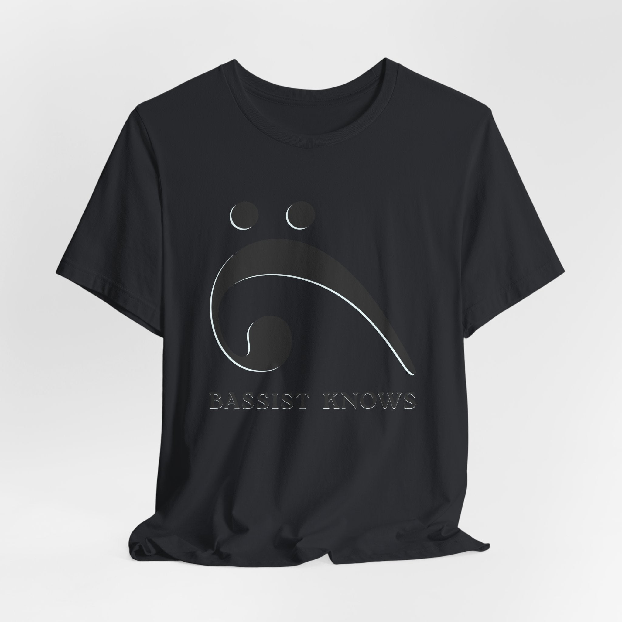 Gray t-shirt with black bass clef and 'Bassist Knows' text on a light gray background