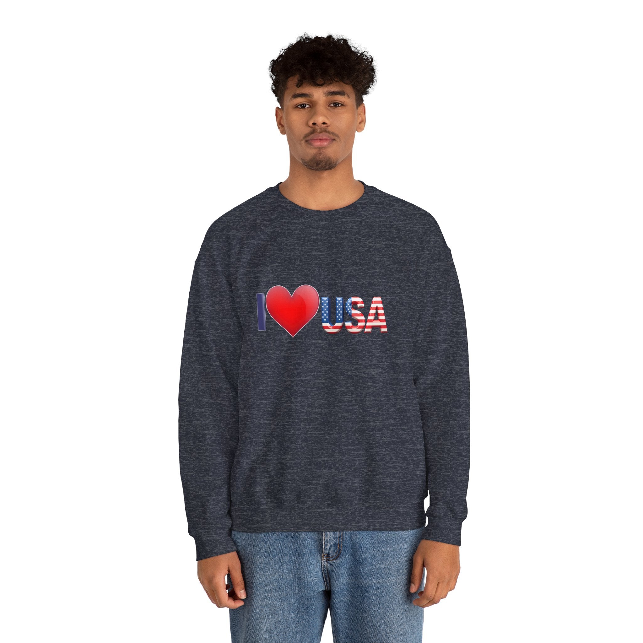 Person wearing a navy sweatshirt with 'I ❤️ USA' text on a white background