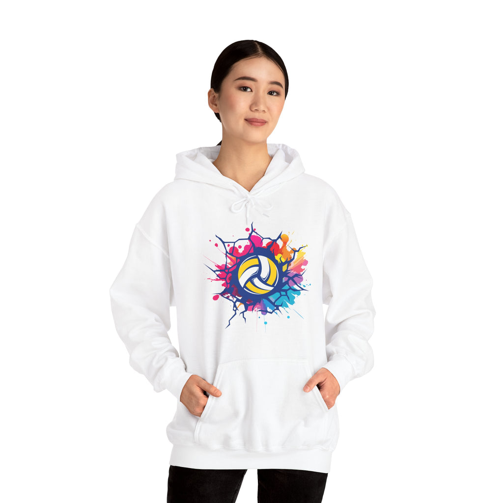 White hoodie with colorful volleyball design worn by a person on a white background