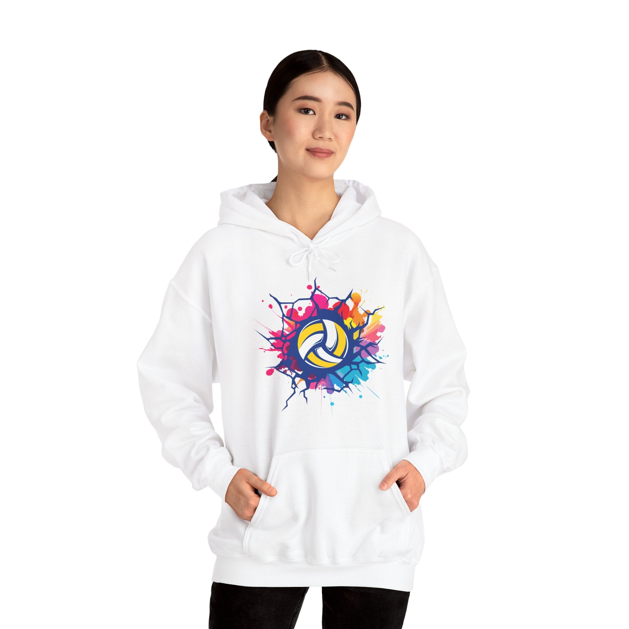 White hoodie with colorful volleyball design worn by a person on a white background