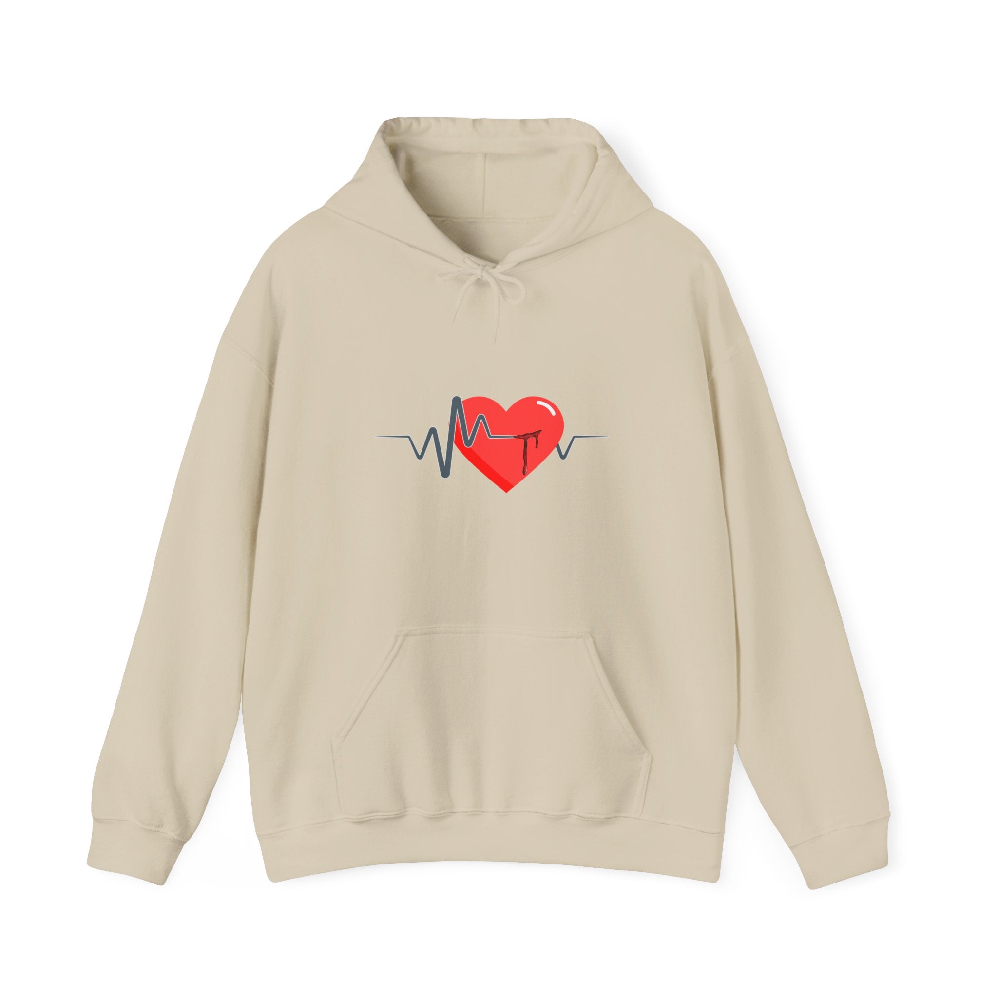 Beige hoodie with a heart and heartbeat line design on a white background