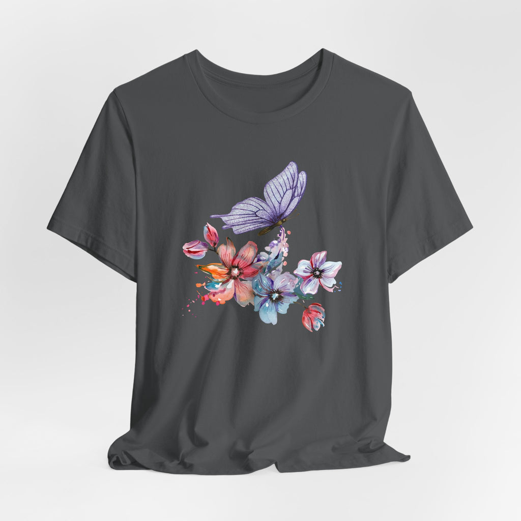 Black t-shirt with colorful butterfly and floral design on a white background
