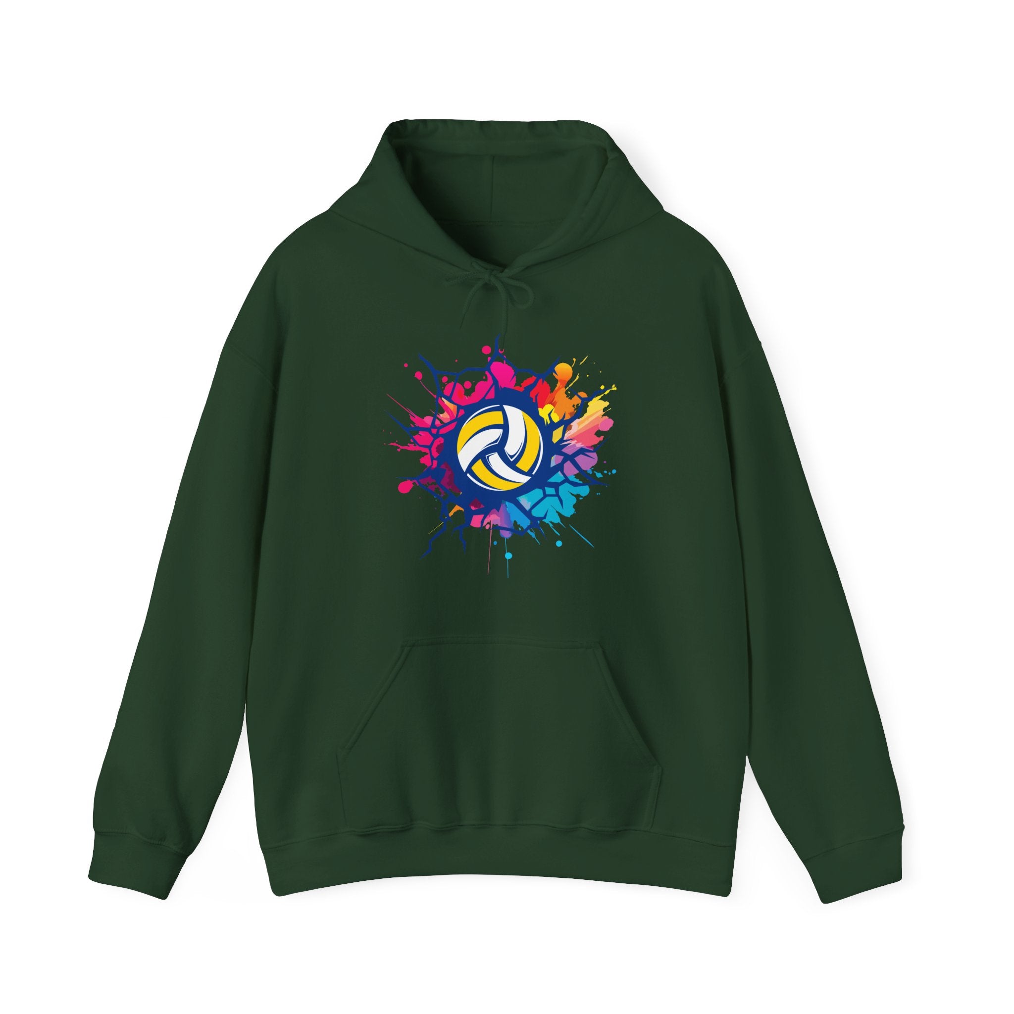 Green hoodie with a colorful volleyball design on a white background