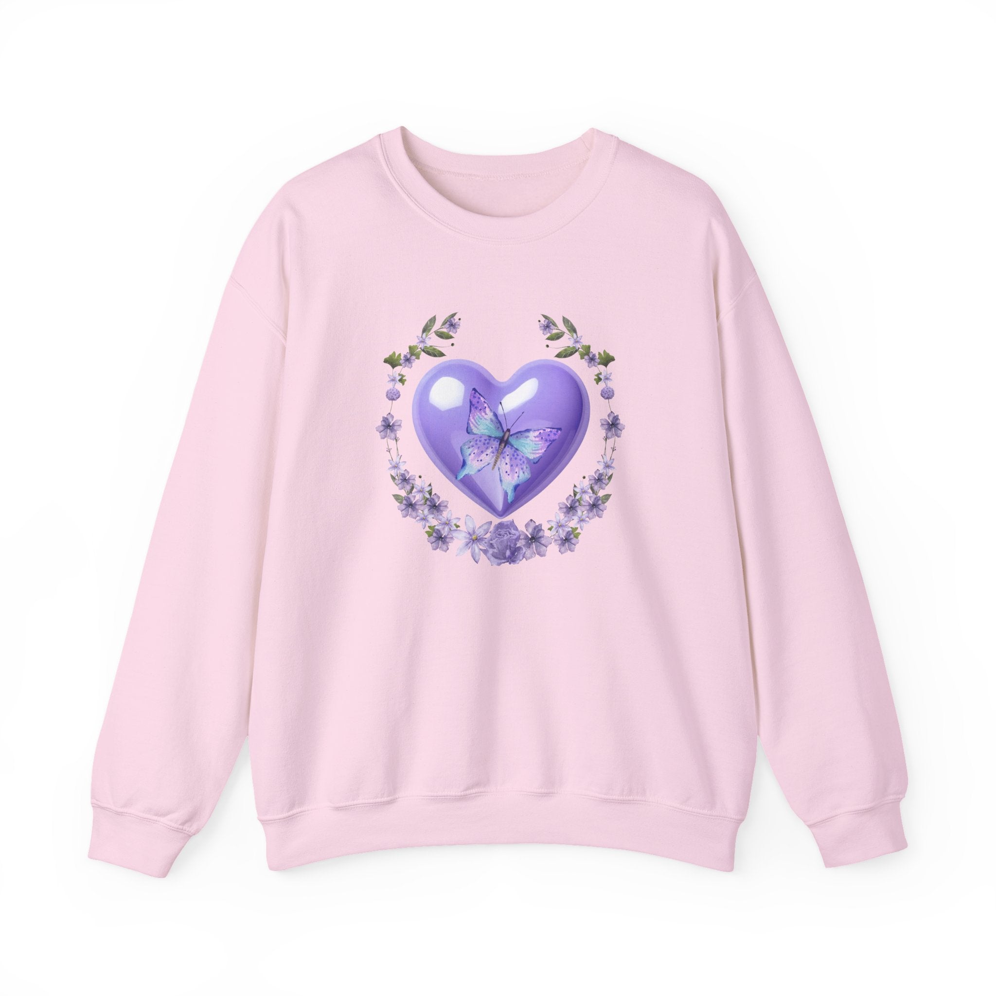 Pink sweatshirt with a purple heart and butterfly design on a white background