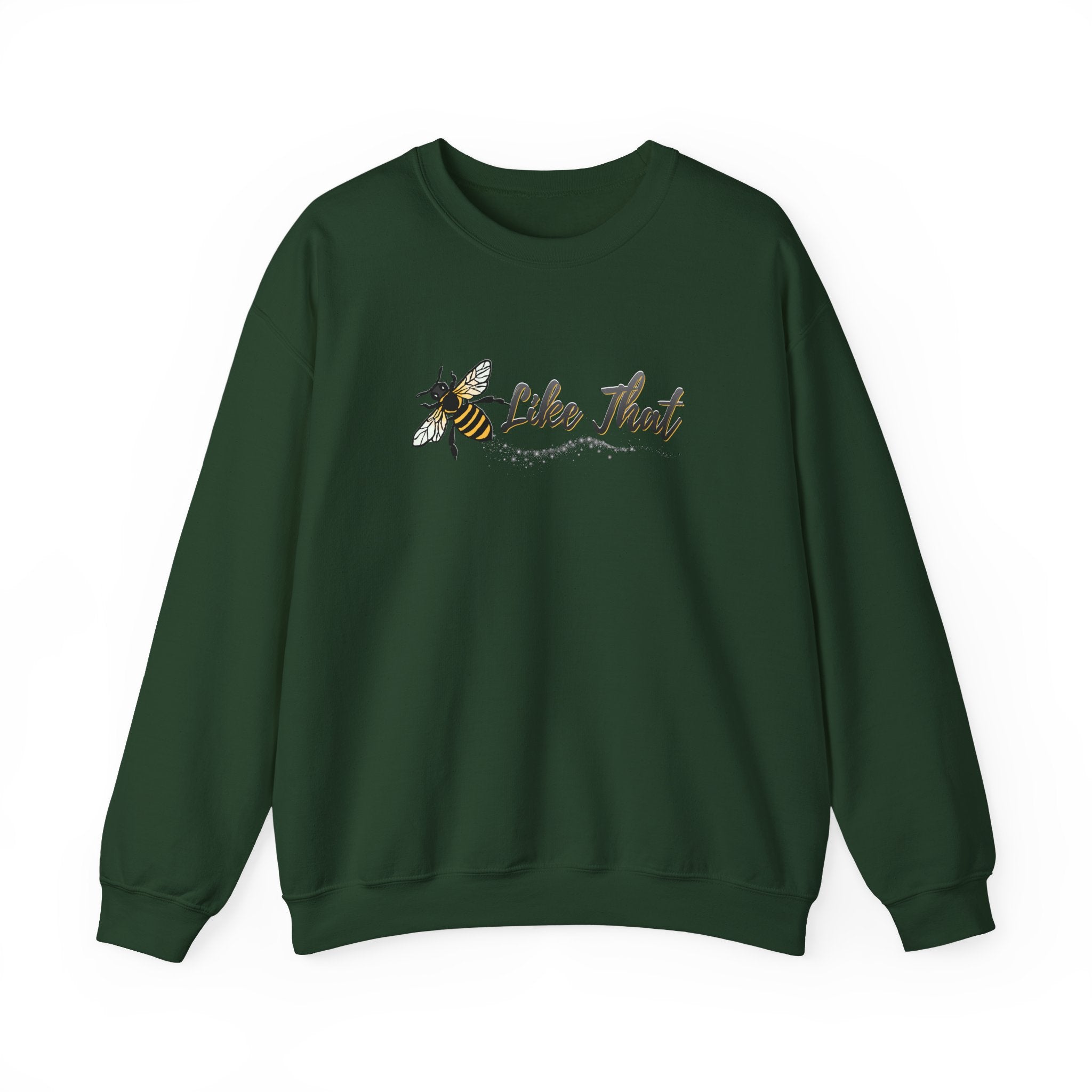 Green sweatshirt with bee graphic and 'Like That' text on a white background