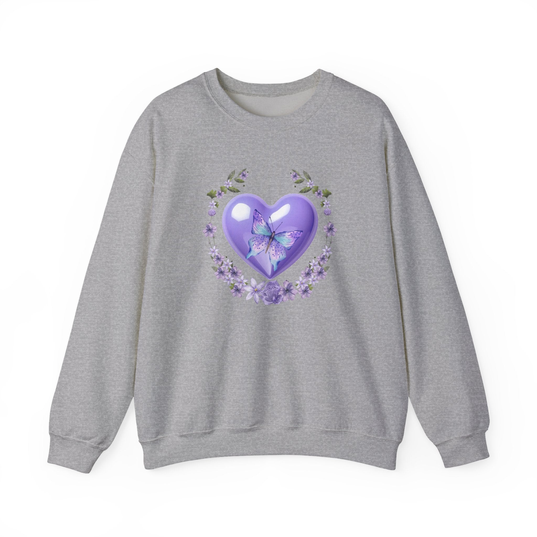 Gray sweatshirt with a purple heart and butterfly design on a white background