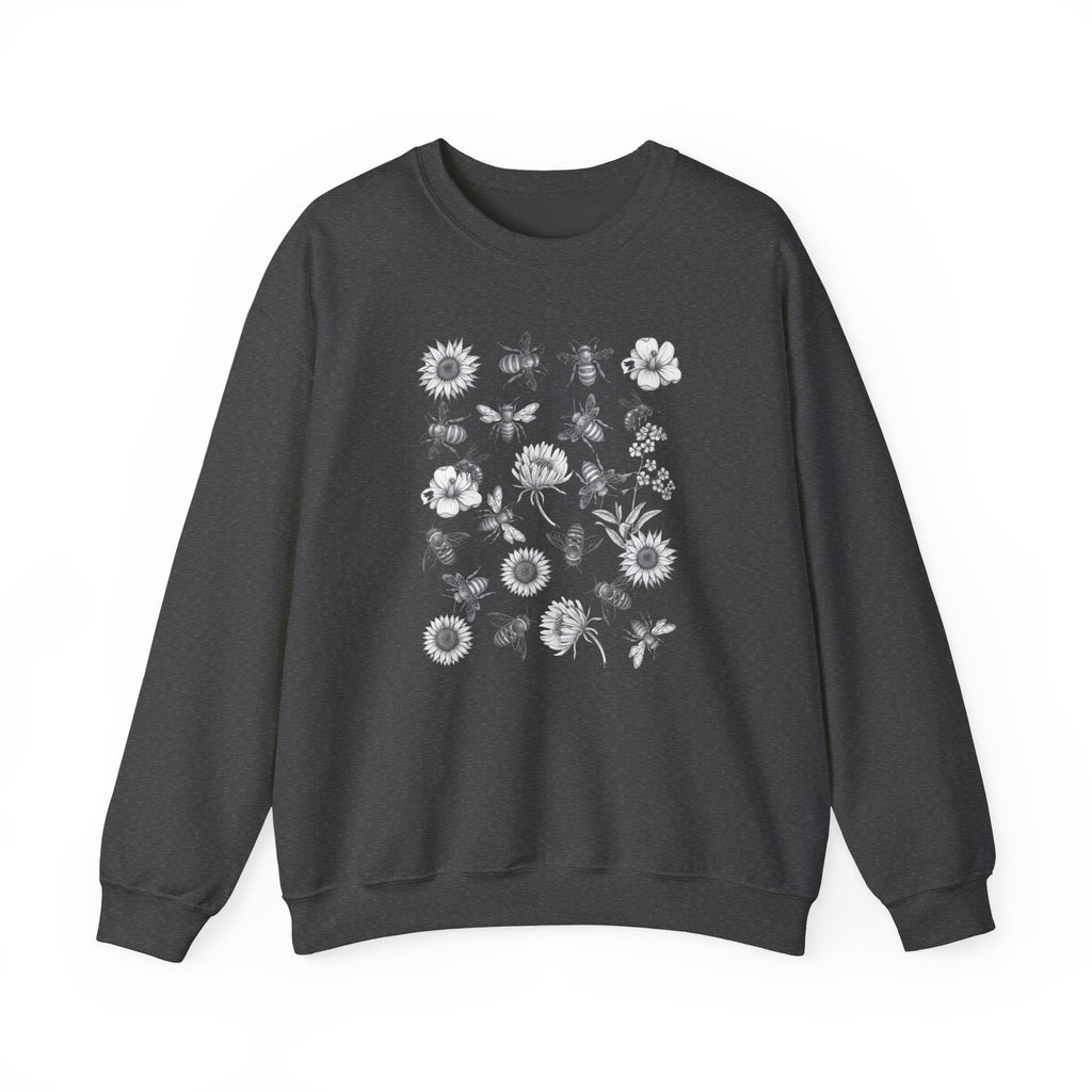 Dark gray sweatshirt with bee and flower pattern on a white background