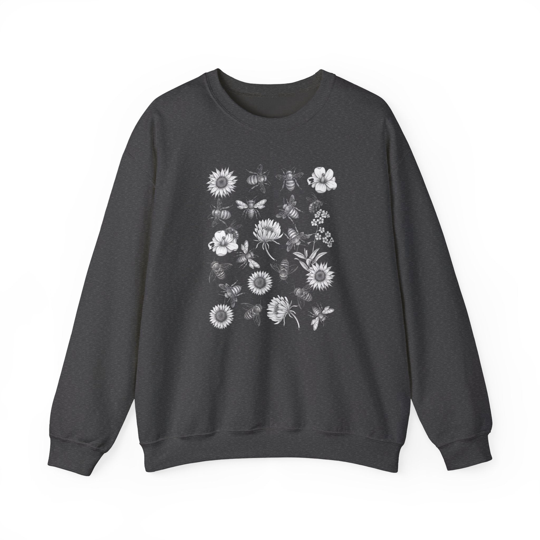 Dark gray sweatshirt with bee and flower pattern on a white background