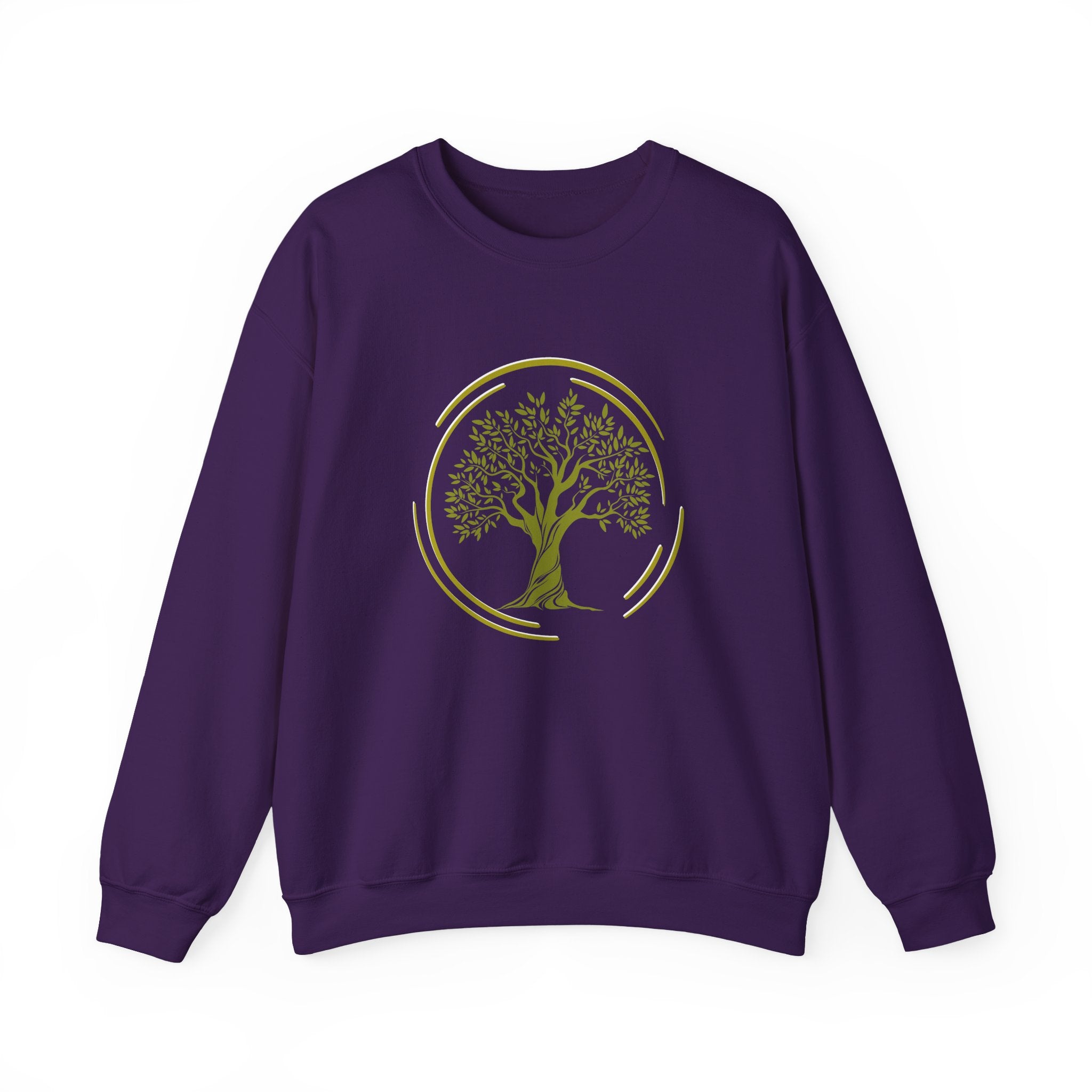 Purple sweatshirt with a gold tree design on a white background