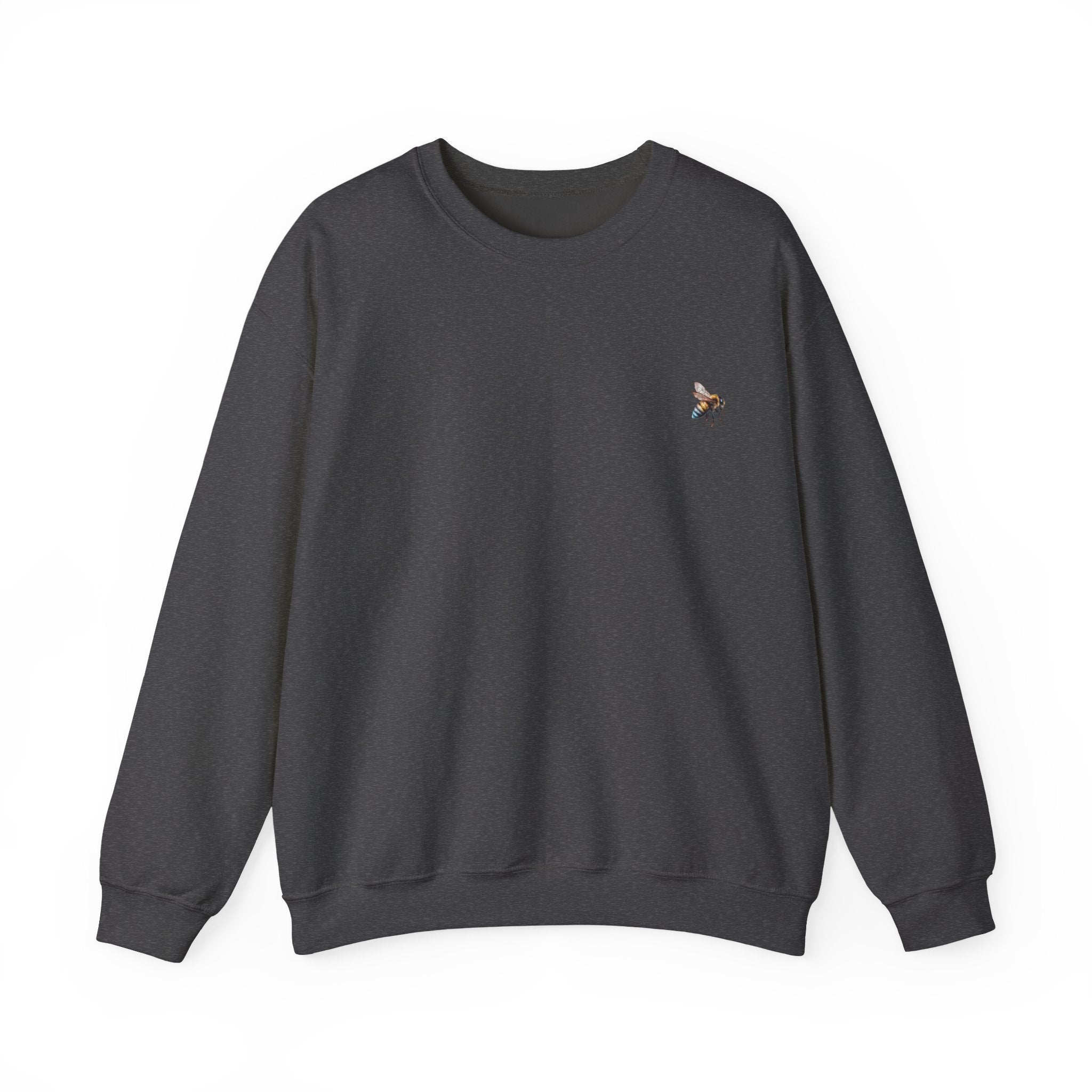 Dark gray sweatshirt with a small bee logo on a white background