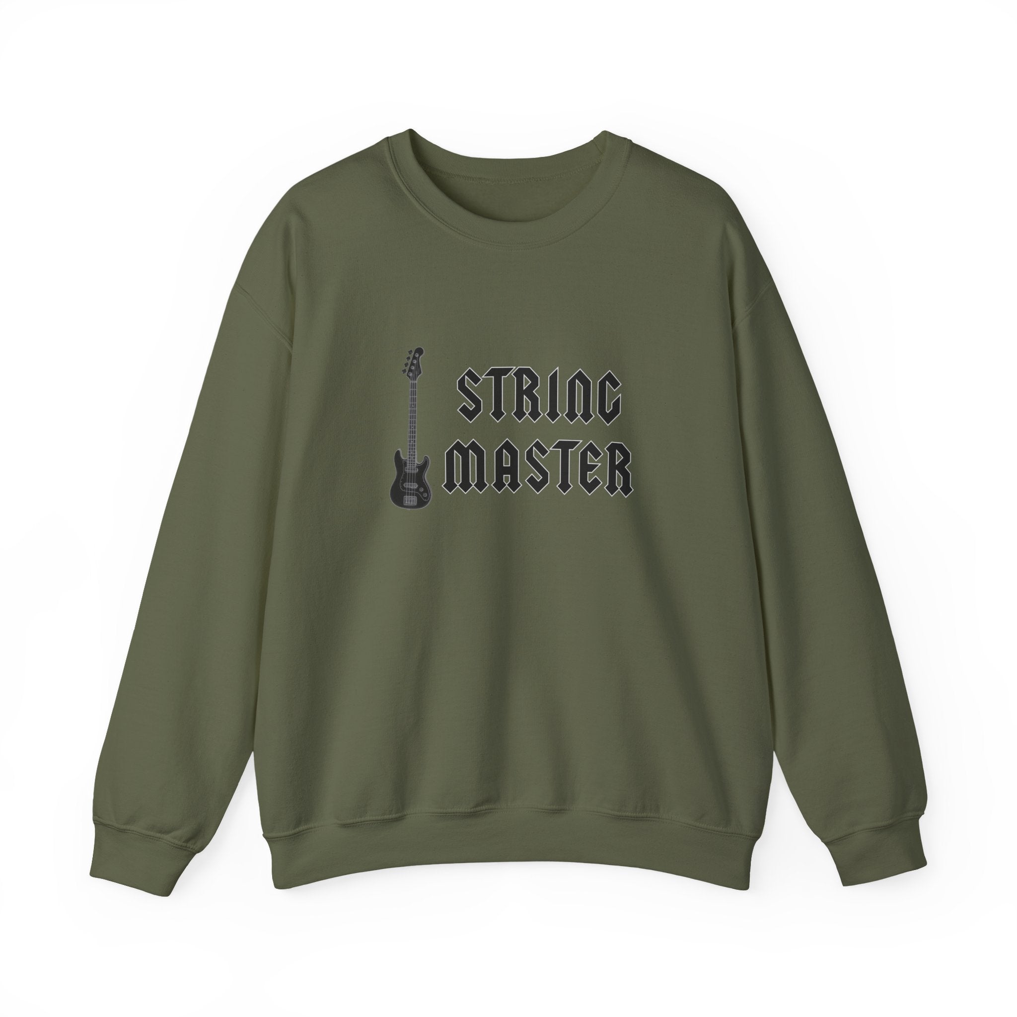 Green sweatshirt with 'String Master' text and guitar graphic on a white background