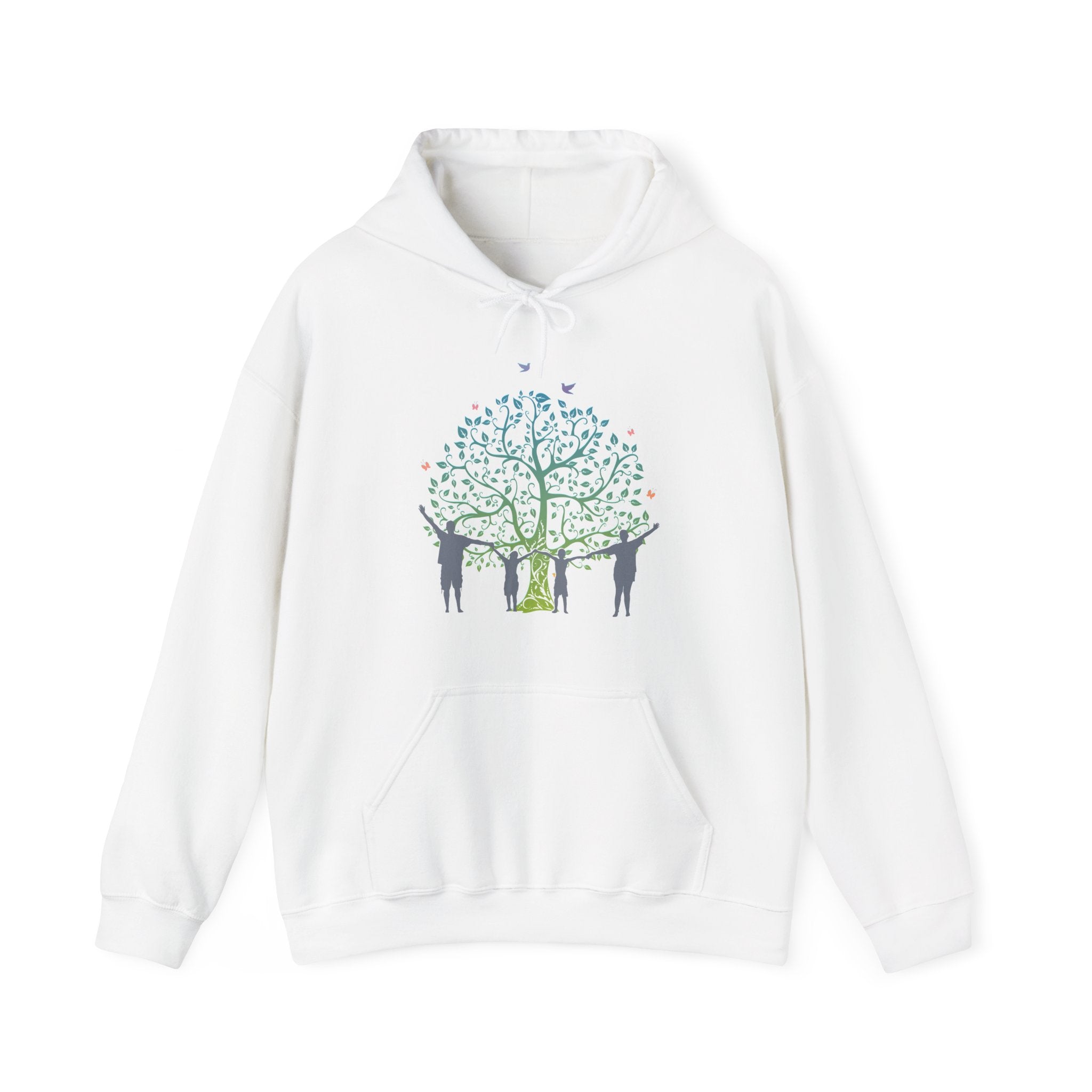 White hoodie with a tree and people design on a white background
