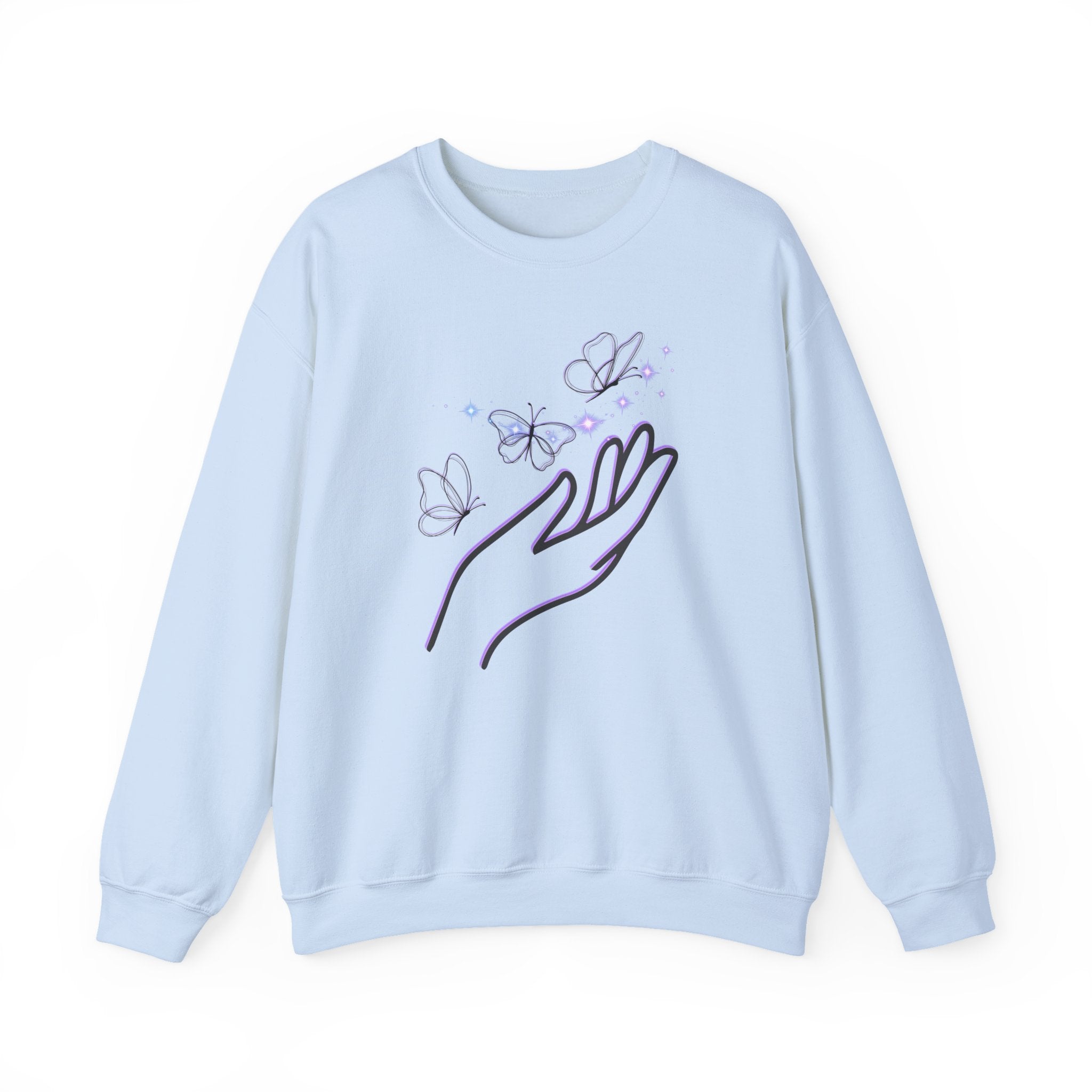 Light blue sweatshirt with a hand and butterfly design on a white background