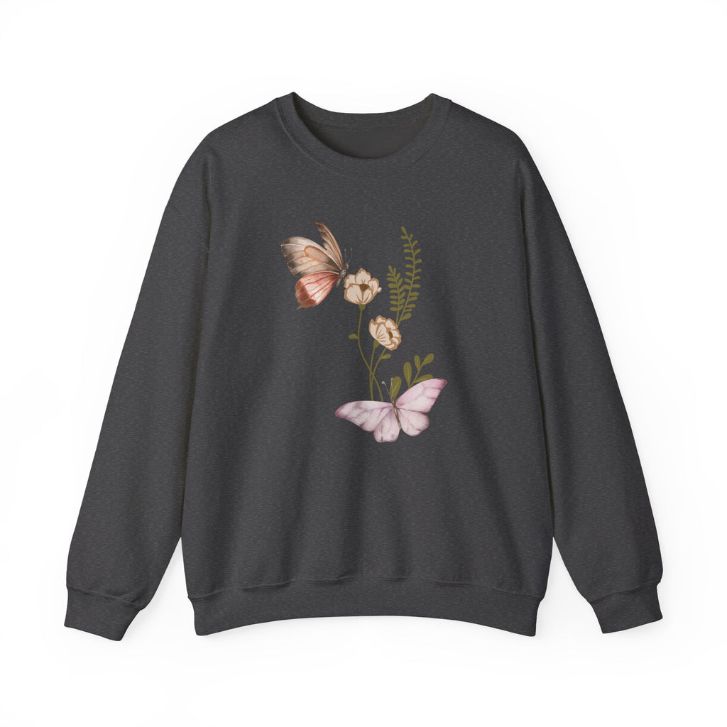 Dark gray sweatshirt with butterfly and floral design on a white background